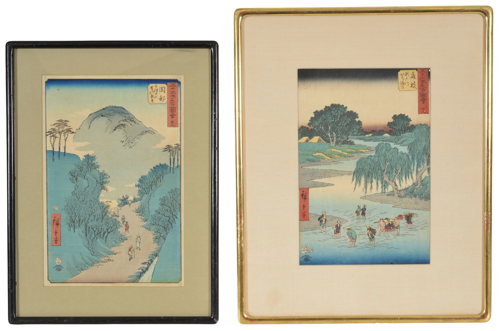 Utagawa Hiroshige. 2 woodblock prints from the 53 Stations of the Tokaido (vertical). 1) Okabe: The (1 of 14)