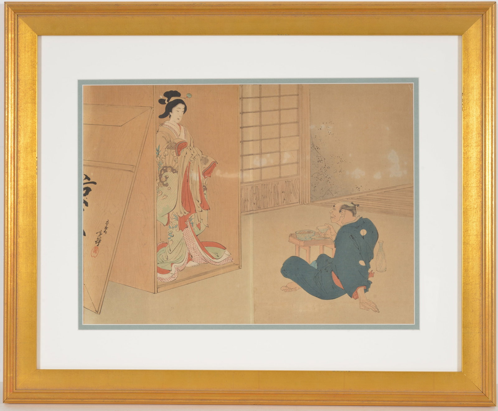 Japanese woodblock print. 19th century. Unboxing of a Geisha. Framed under glass. (1 of 6)