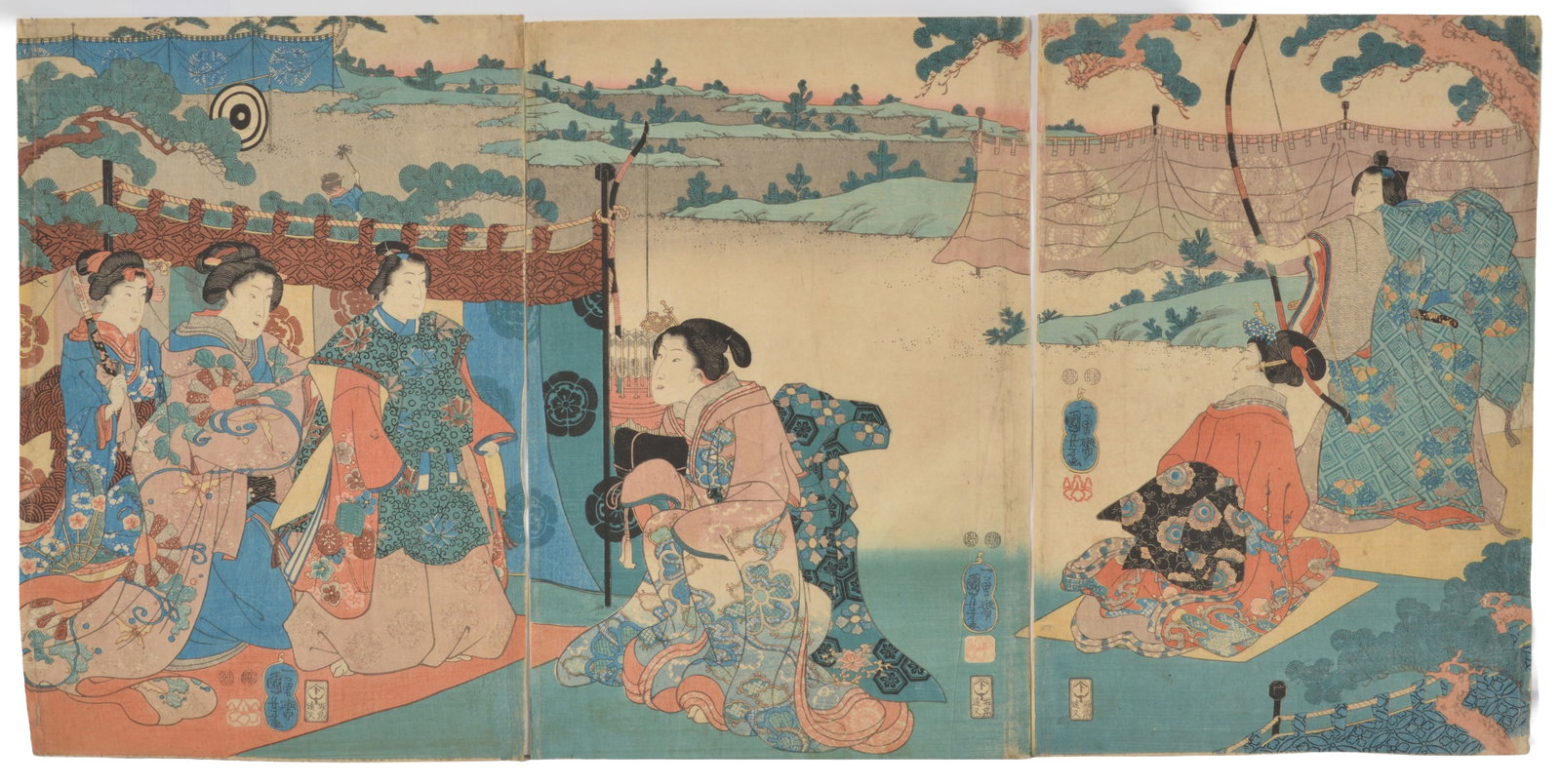 Utagawa Kuniyoshi. Triptych "The Tale of Genji". Unframed. 14 5/8 x 9 3/4 in.: Utagawa Kuniyoshi. Triptych "The Tale of Genji". Unframed. 14 5/8 x 9 3/4 in.