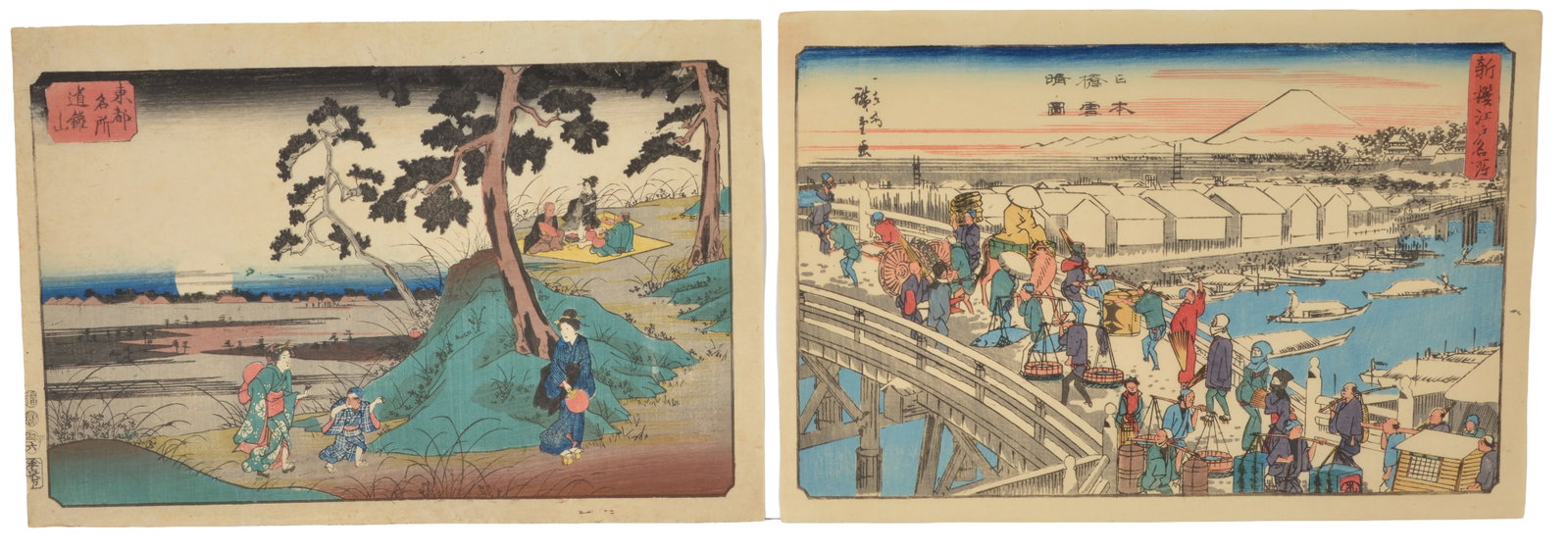 2 Japanese colored woodblock, one newer, including Utagawa Hiroshige "Listening to Crickets at D?kan: 2 Japanese colored woodblock, one newer, including Utagawa Hiroshige "Listening to Crickets at D?kan Hill" the other Clear Weather after Snow at Nihonbashi Bridge. Each 10 x 14 3/4 in.