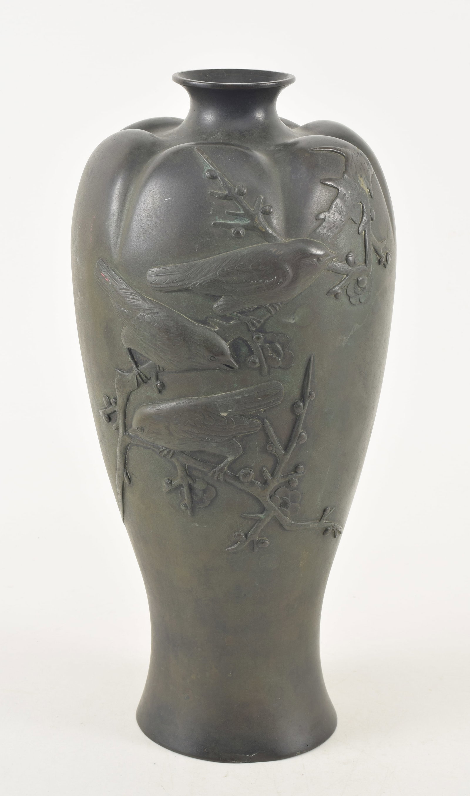 Japanese patinated bronze vase. Tapered body with lobed shoulder. Decoration of birds on flowering (1 of 8)