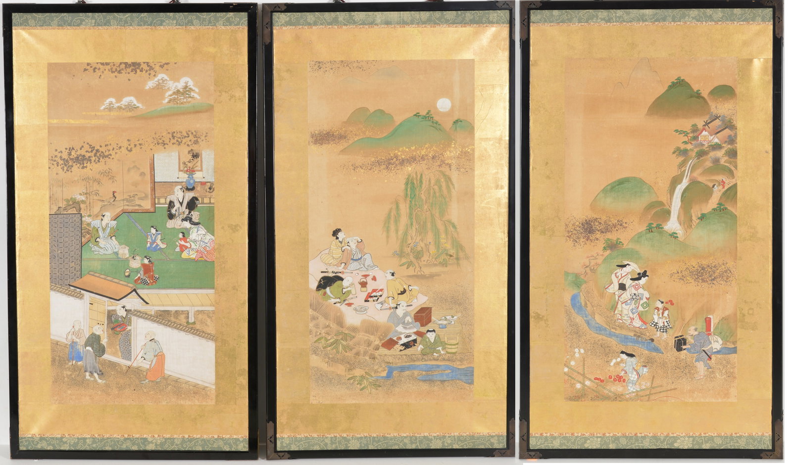 Japanese triptych painting. 3 individual panels with figures in interiors and landscapes. Ink and (1 of 4)