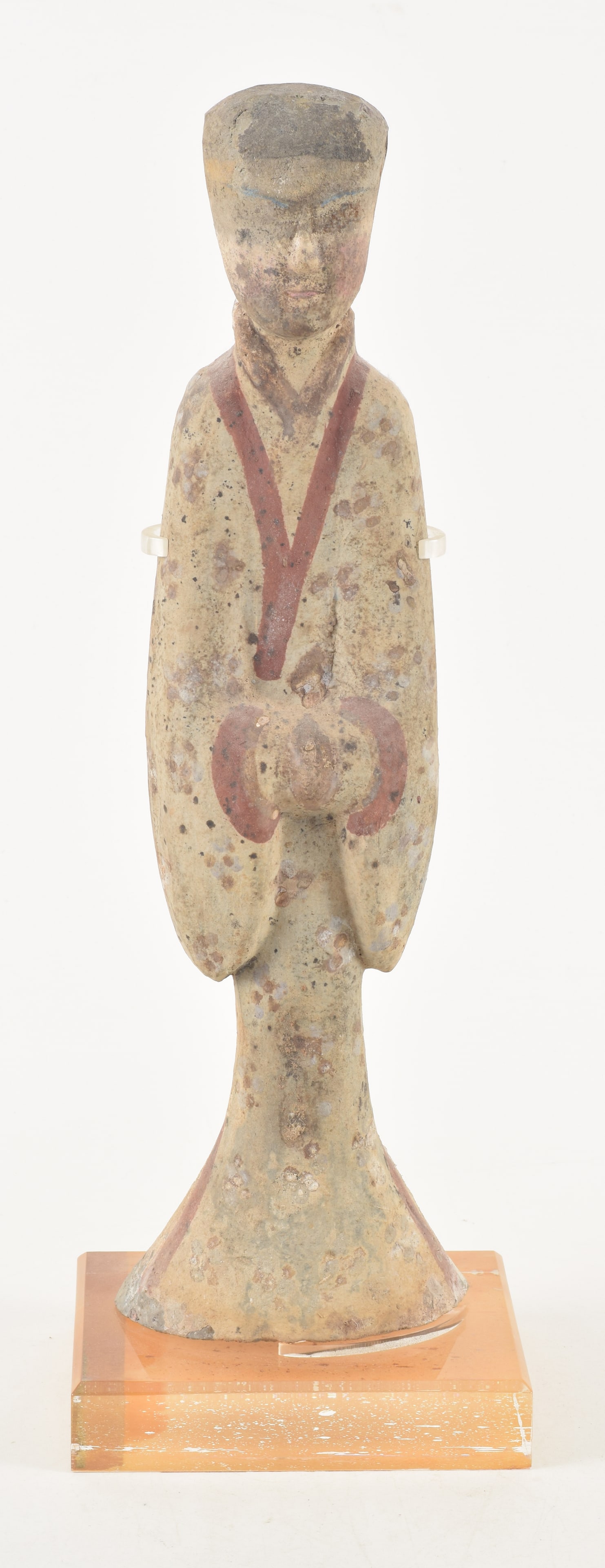 Chinese tomb figure of a robed woman with traces of pigment. Likely Han period. Mounted on stand. (1 of 8)