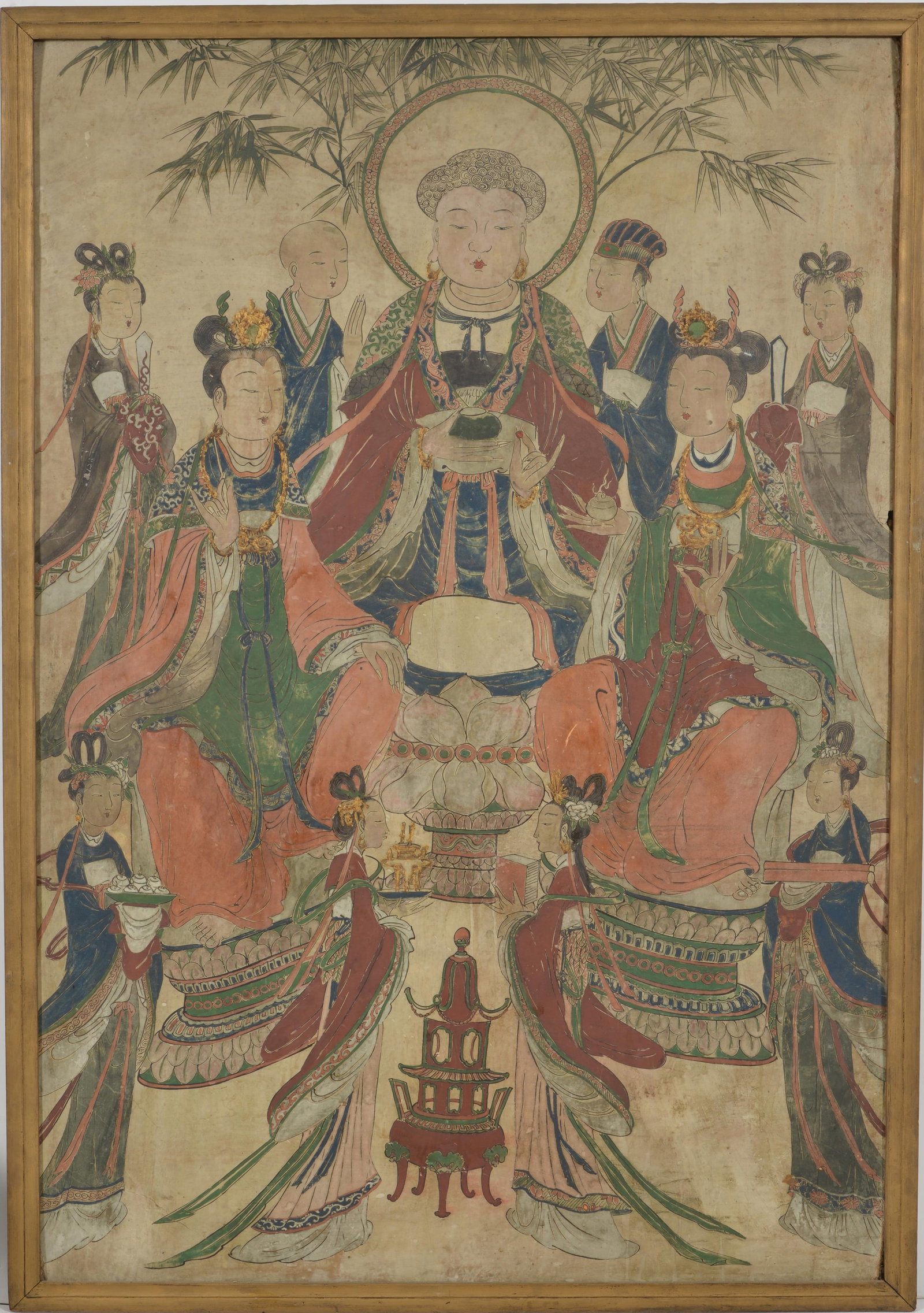 Large Chinese tomb painting with ancestor figures. Ink and colors on plaster like material. Framed.: Large Chinese tomb painting with ancestor figures. Ink and colors on plaster like material. Framed. Overall: 60 x 41.5in.
