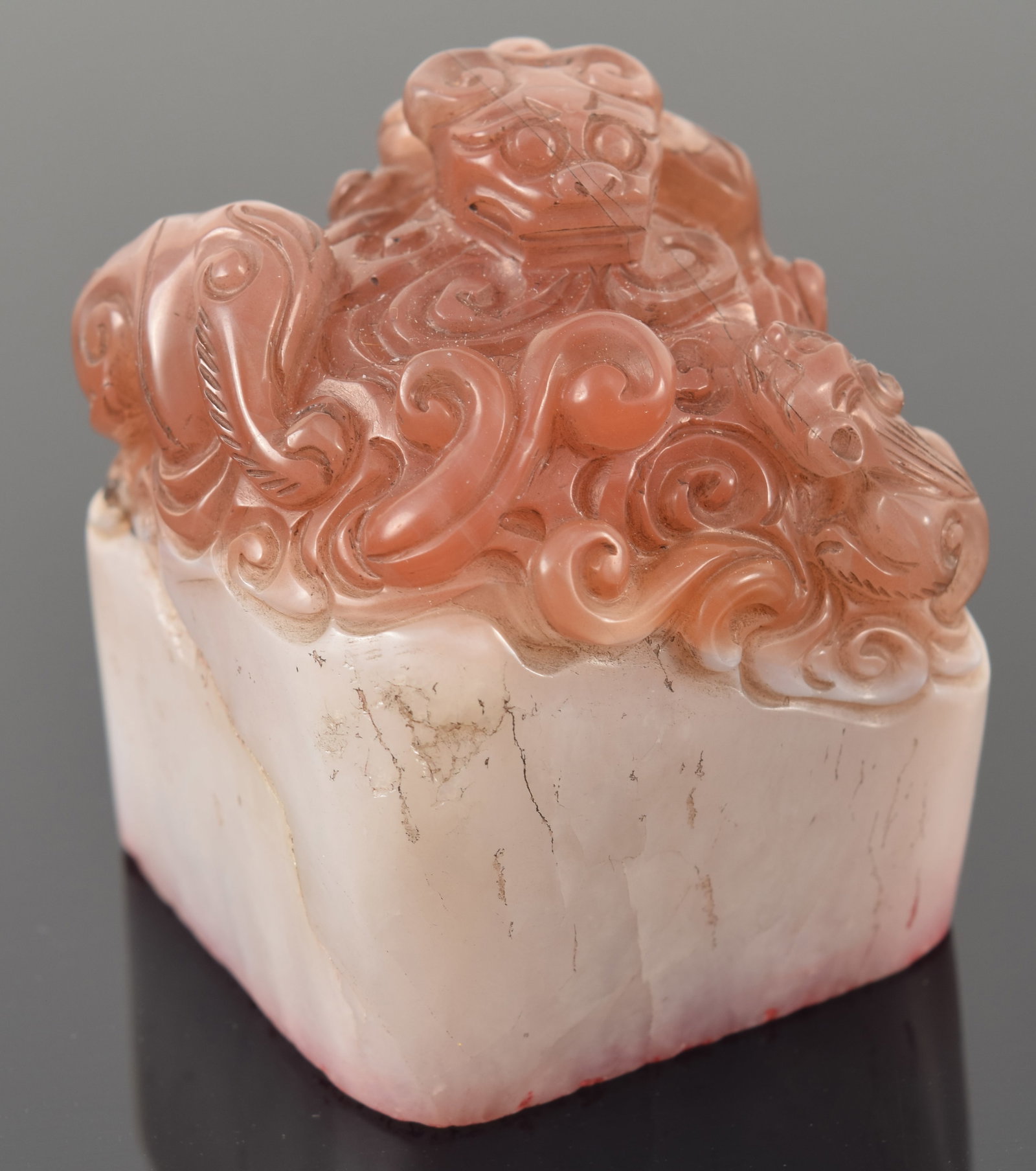 Agate seal. China. 18th century. Nan hung stone. Foo dog and cloud finial. Seal intact. 1.5in. (1 of 6)