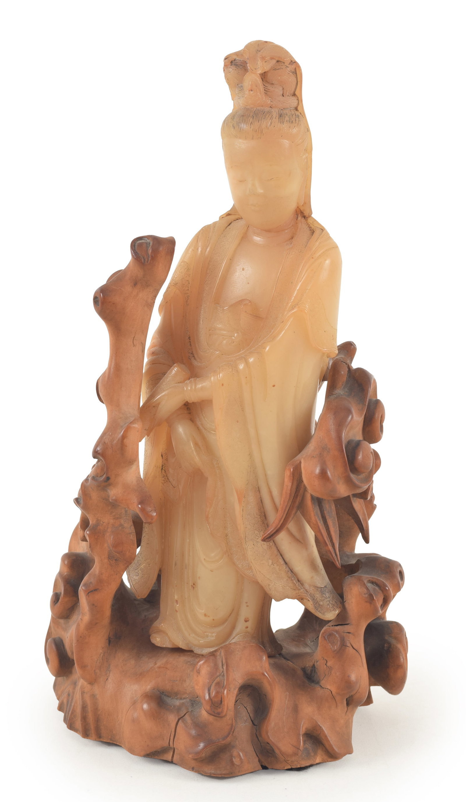 18th century Chinese soapstone standing Guanyin figure. Finely carved robe. Neck reattached, chip to (1 of 7)
