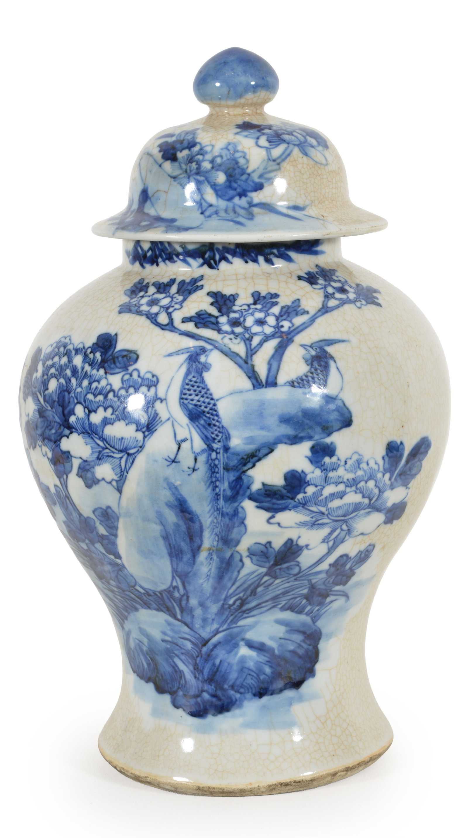 Porcelain jar. China. Early 20th century. Baluster form. Underglaze blue decoration of birds and (1 of 8)