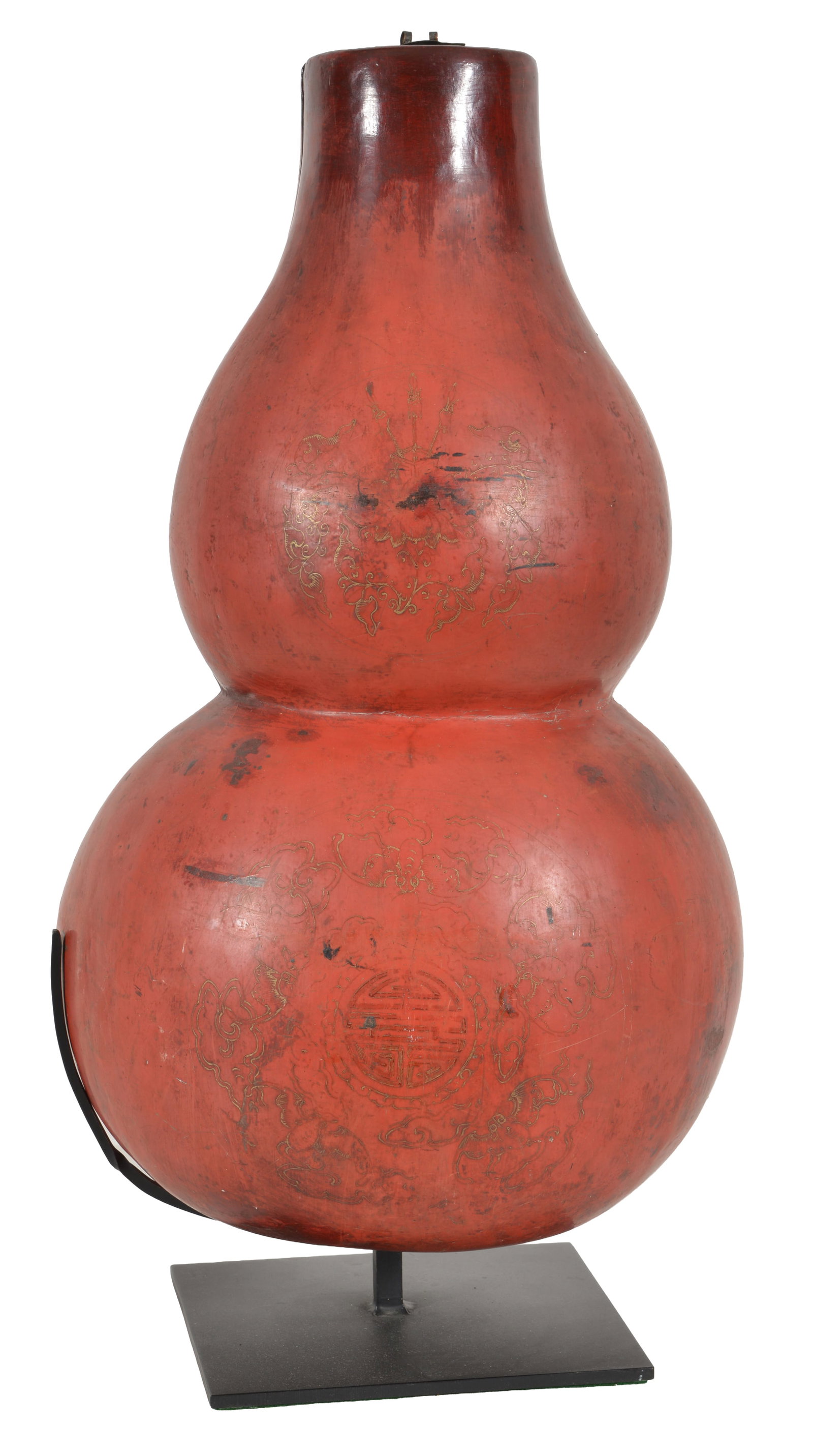 Lacquered box. China. 19th century. Double gourd form. Red lacquered surface. Brass mounts. 22in (1 of 6)