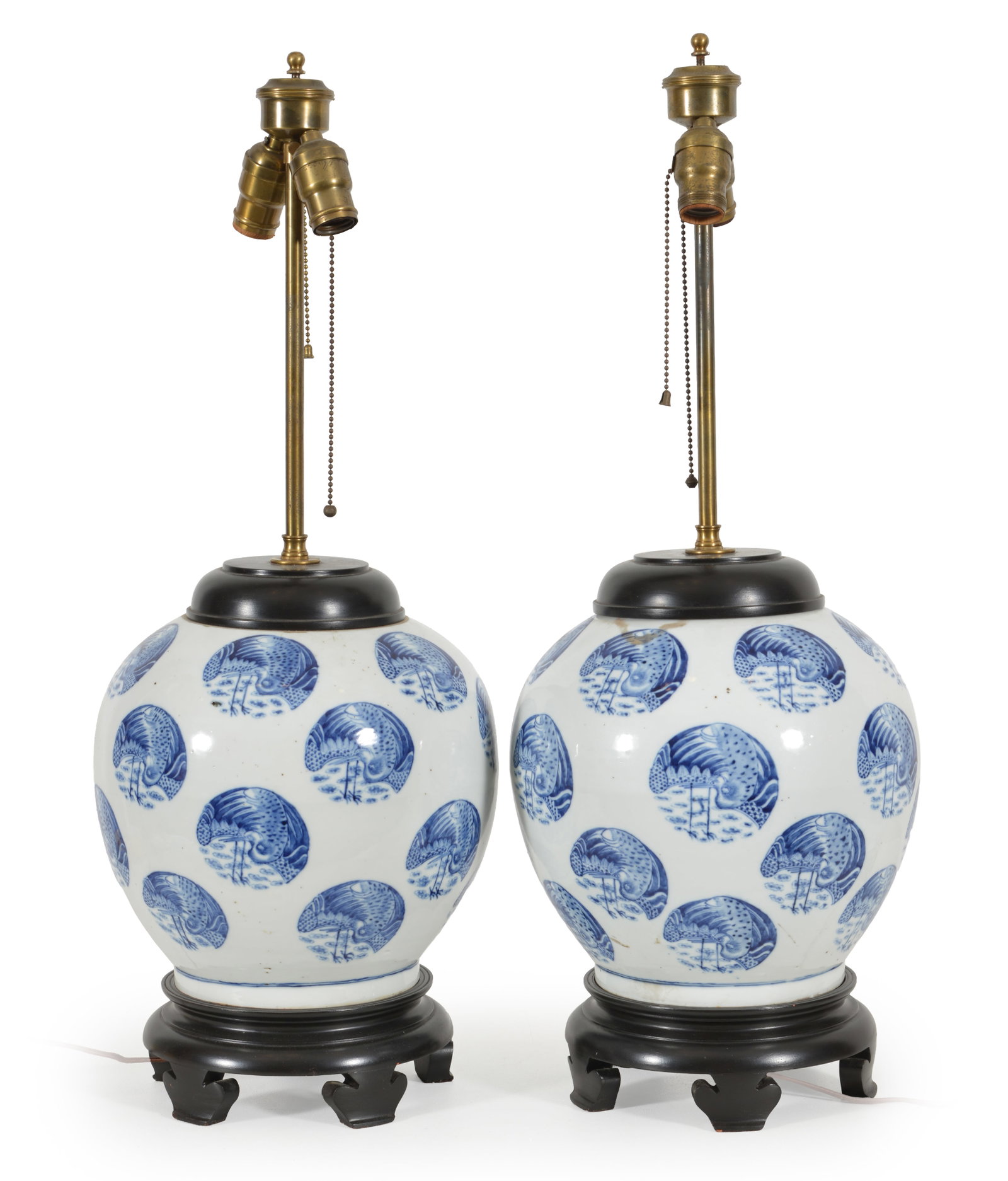 19th/20th century Chinese blue and white porcelain lamps with crane medallion decoration. Drilled (1 of 5)