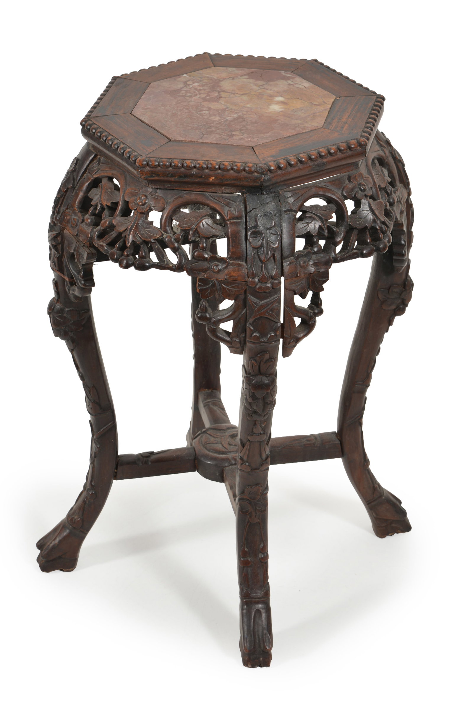 19th Century Chinese carved hardwood octangonal marble top stand with foliate carved aprons. Height (1 of 4)