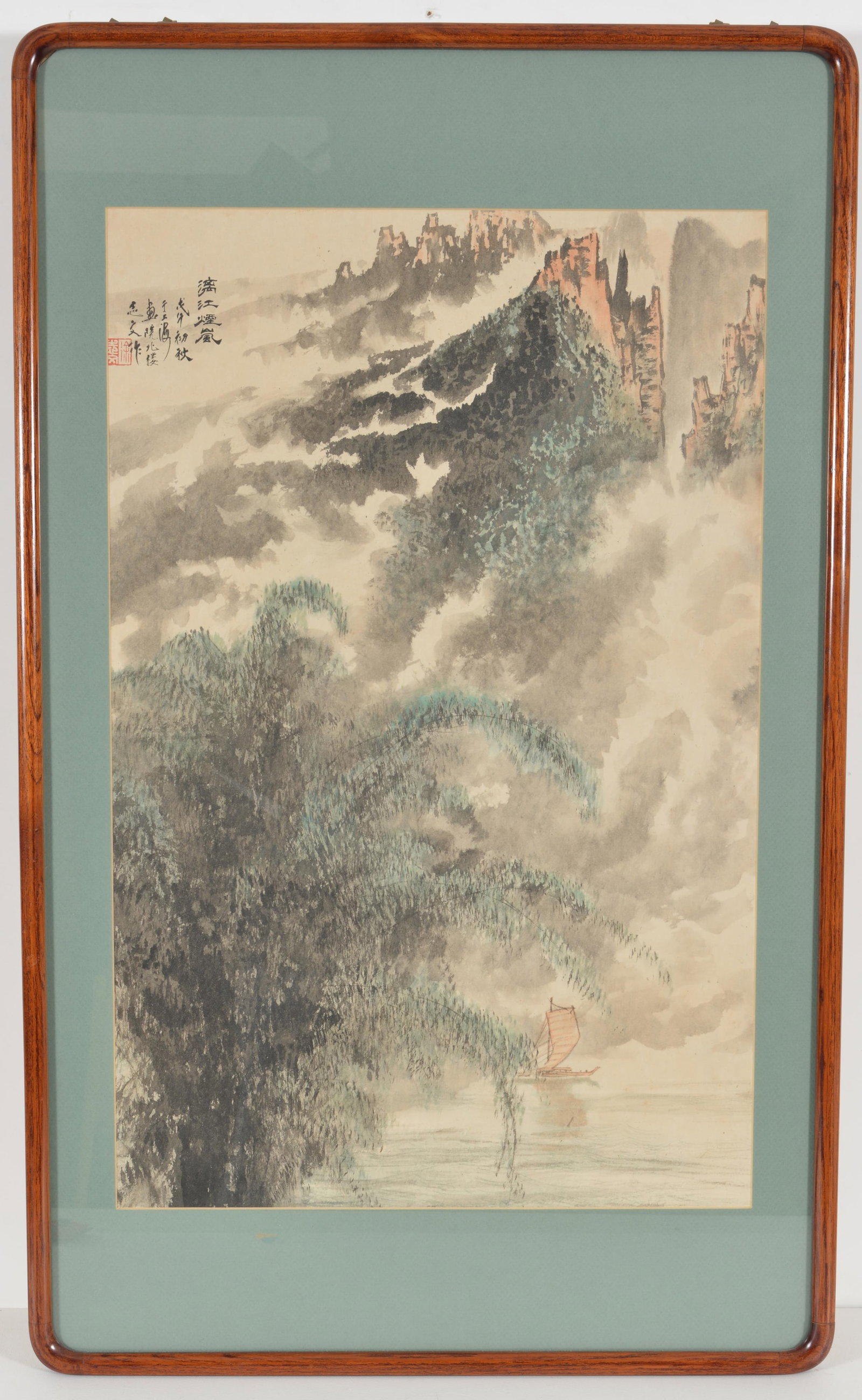 Chinese watercolor painting. 20th century. Mountainous river landscape with boat. Signed and: Chinese watercolor painting. 20th century. Mountainous river landscape with boat. Signed and inscribed upper left. Framed under glass. Sight: 30 x 19.5in. Overall: 41 x 25in.