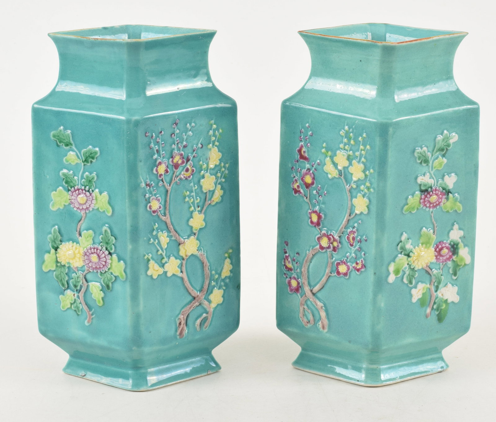 Pair of Chinese porcelain vases, early 20th century. Raised floral branch decoration on a turquoise (1 of 7)