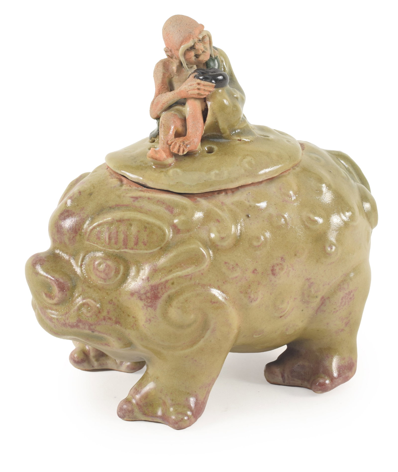 19th/20th century porcelain mythical beast form covered censer and figural finial. Celadon glaze. (1 of 7)