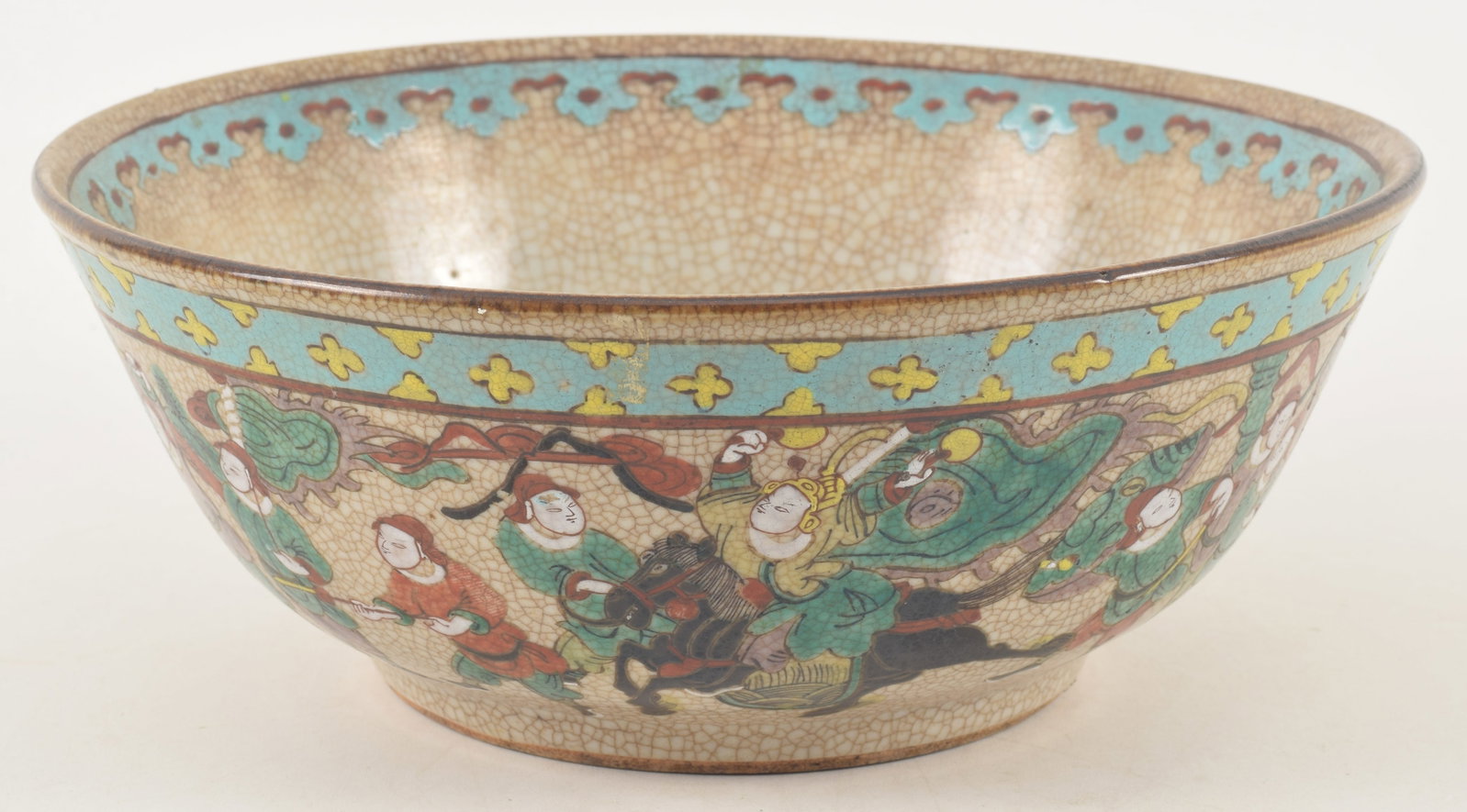 Porcelain bowl. China. Ca. 1900. Oatmeal ground. Famille rose historical scene. 10 x 4in. (1 of 5)