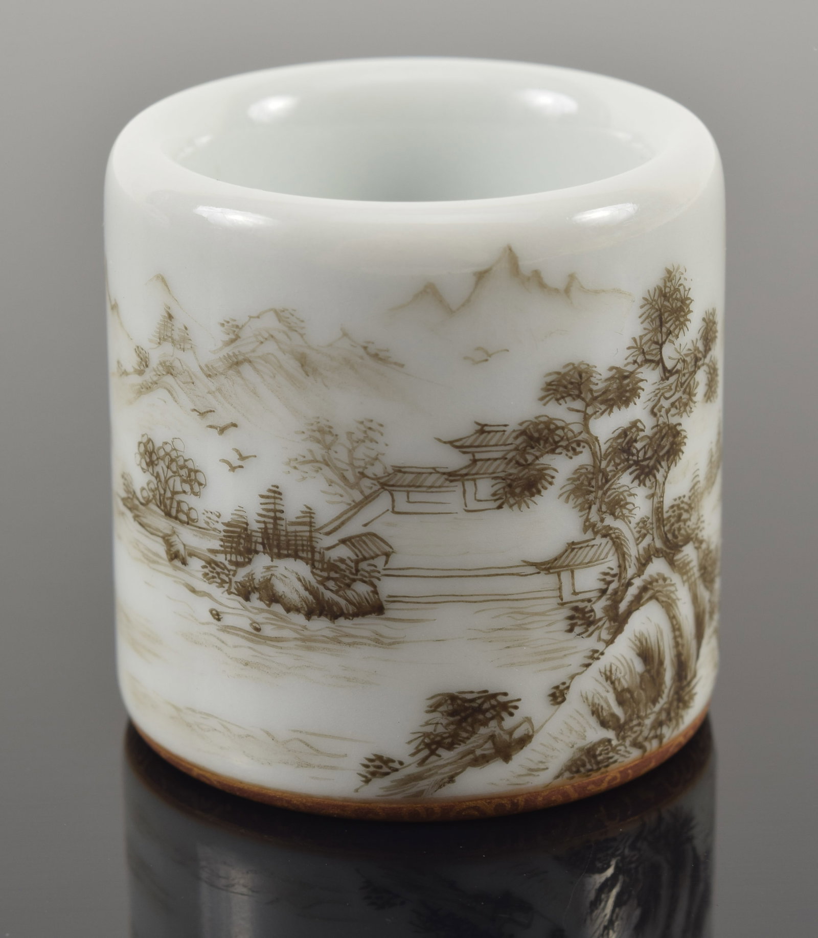 Porcelain archer's ring. China. 18th/19th century. Sepia decoration of a landscape. 1.25in. (1 of 5)
