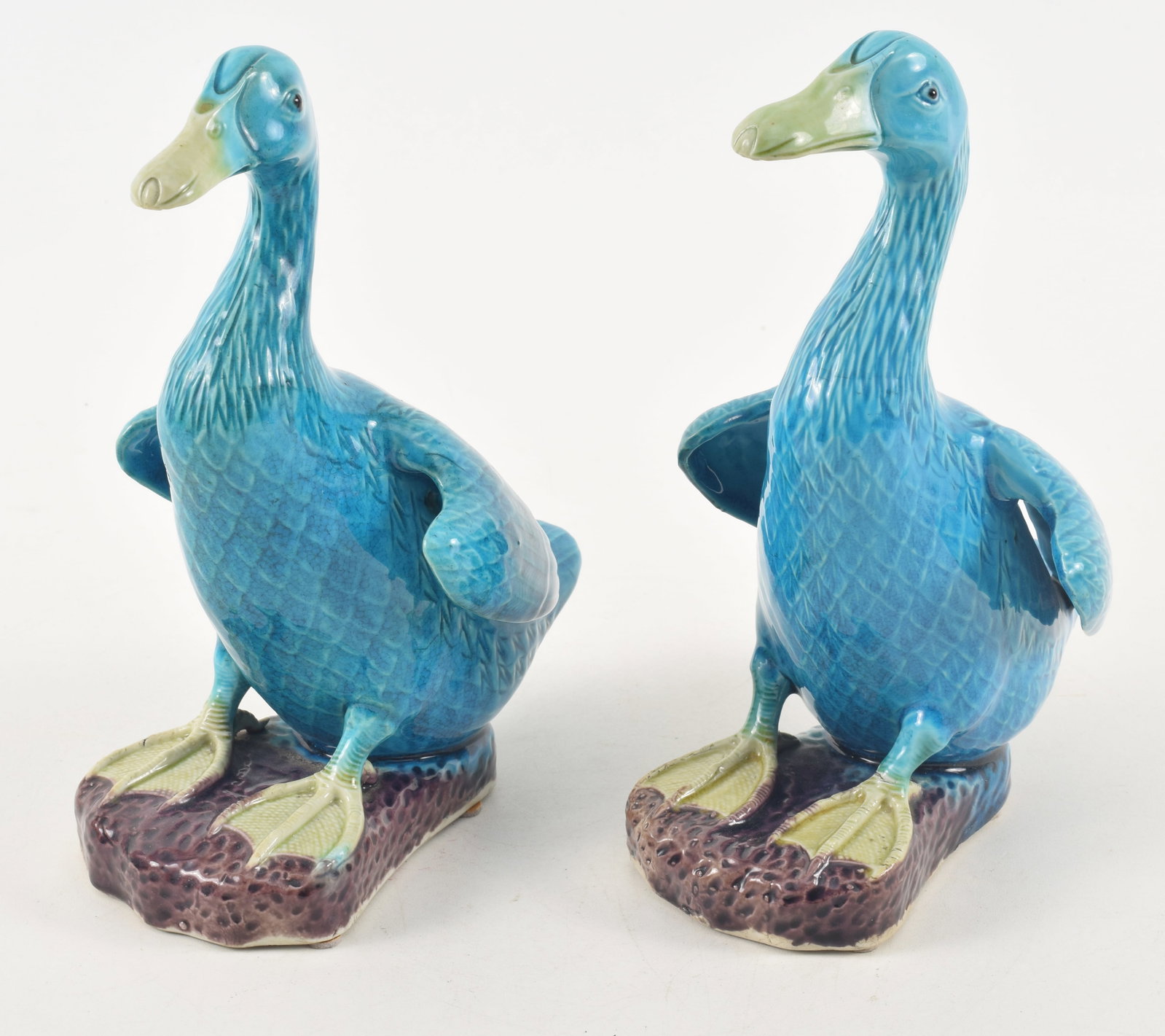 19th/20th century Chinese figural ducks in blue glaze. Marked China. 9.5in. (1 of 5)