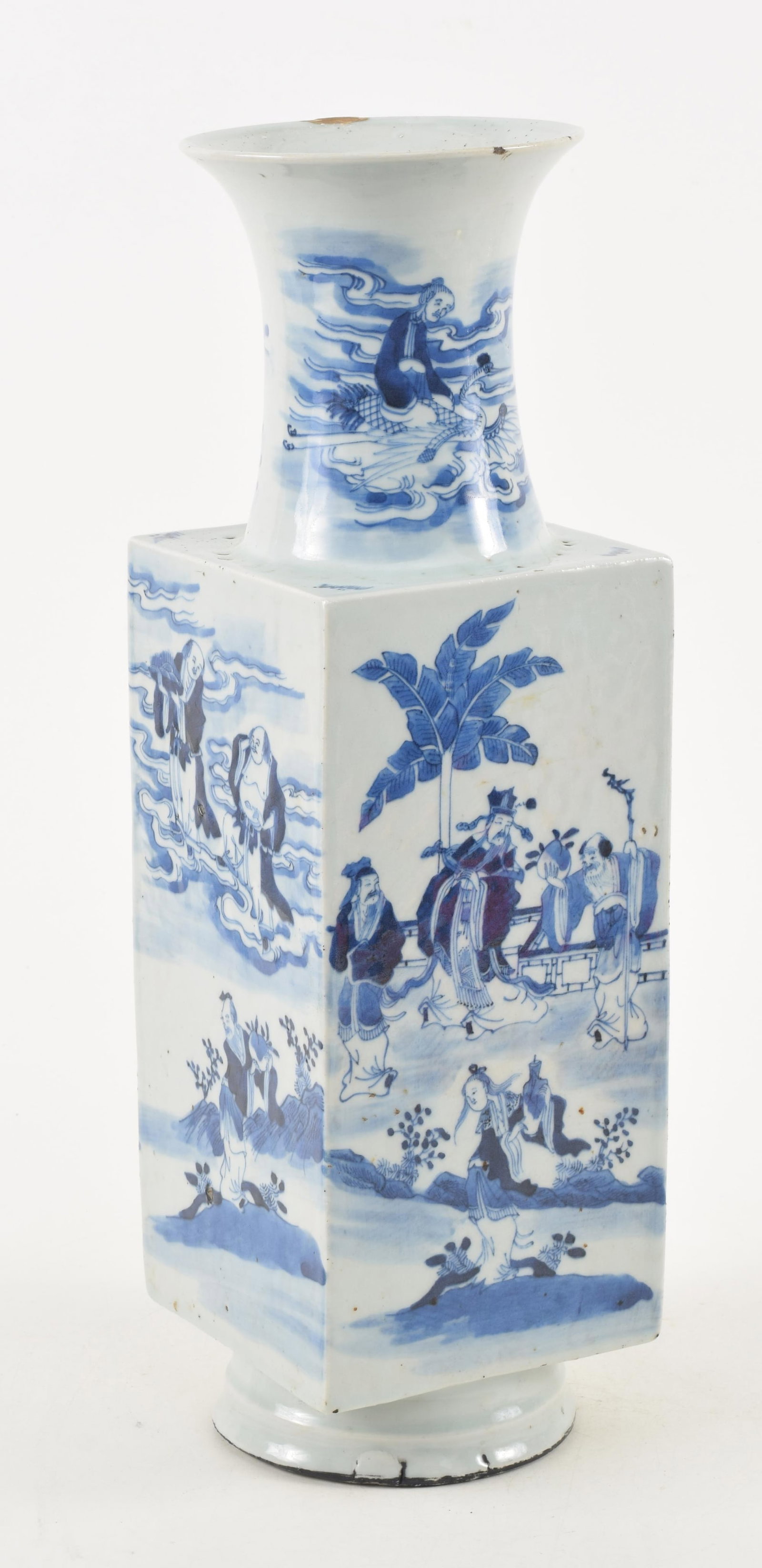 19th century Chinese blue and white decorated porcelain vase. Scenes of the immortals in landscapes.: 19th century Chinese blue and white decorated porcelain vase. Scenes of the immortals in landscapes. Glaze slips. Gold repair to rim. Rim frits. Small hairline on rim. Drilled for a lamp. 18.25in high