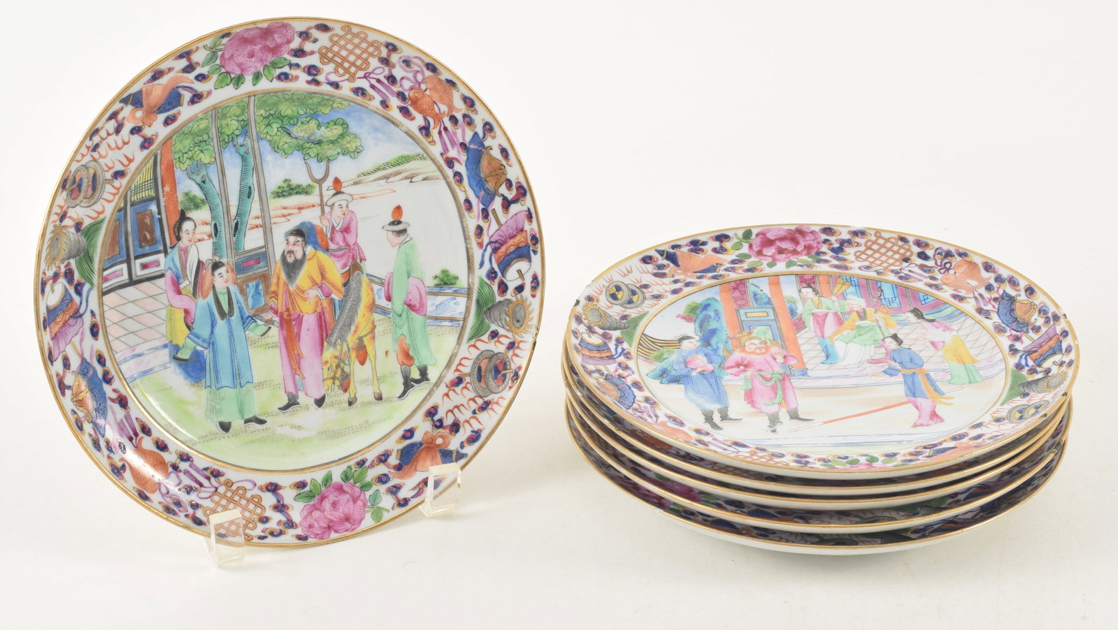 19th century Chinese unusual famille rose export porcelain plates. Figural court scene decoration, (1 of 11)
