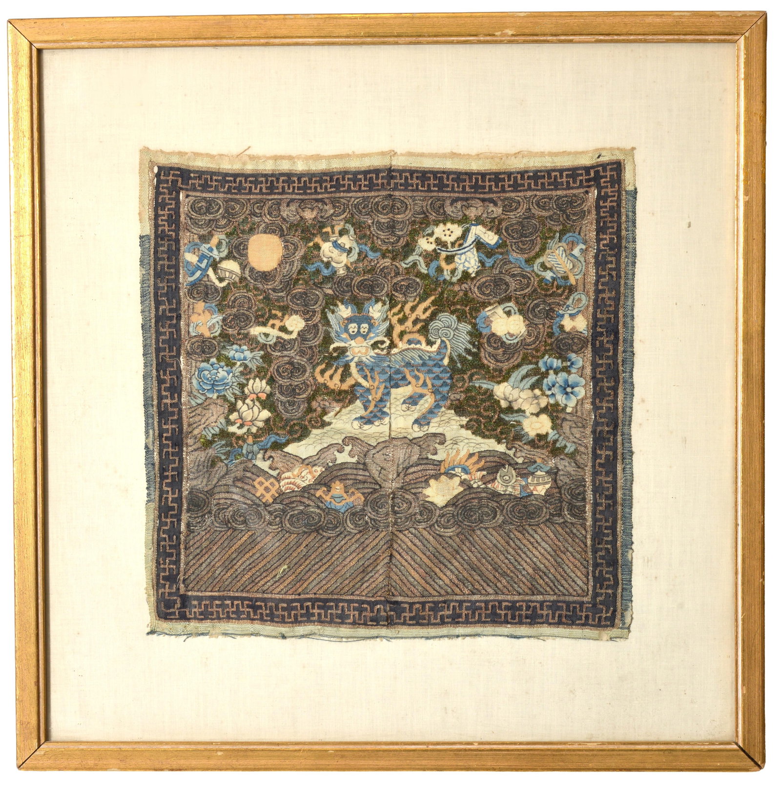 18th century Chinese kossu rank badge of kylin with green metallic thread accents. Framed under (1 of 6)