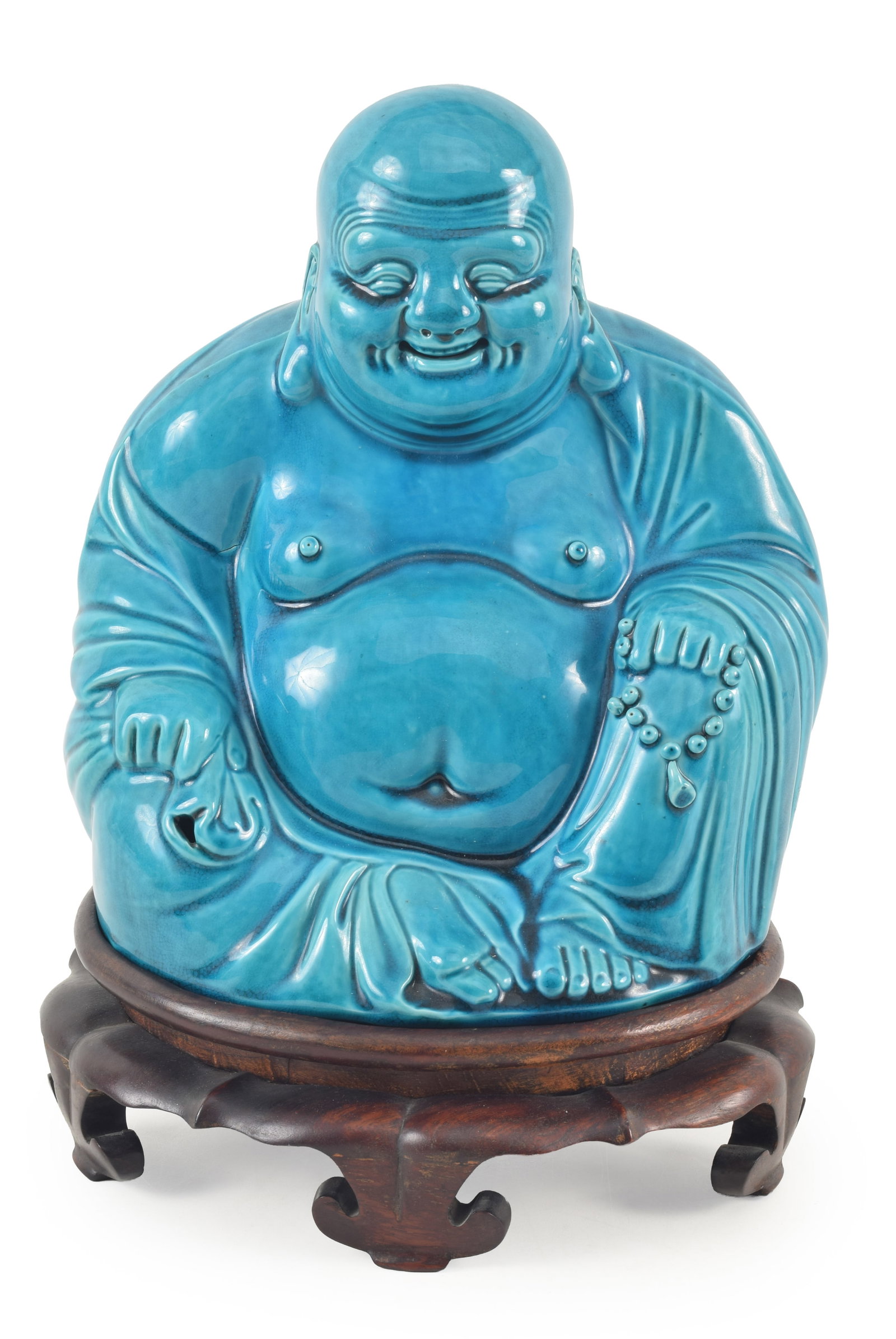 Large 19th/20th century Chinese turquoise glazed seated budhai figure. Fitted antique wood stand. (1 of 5)