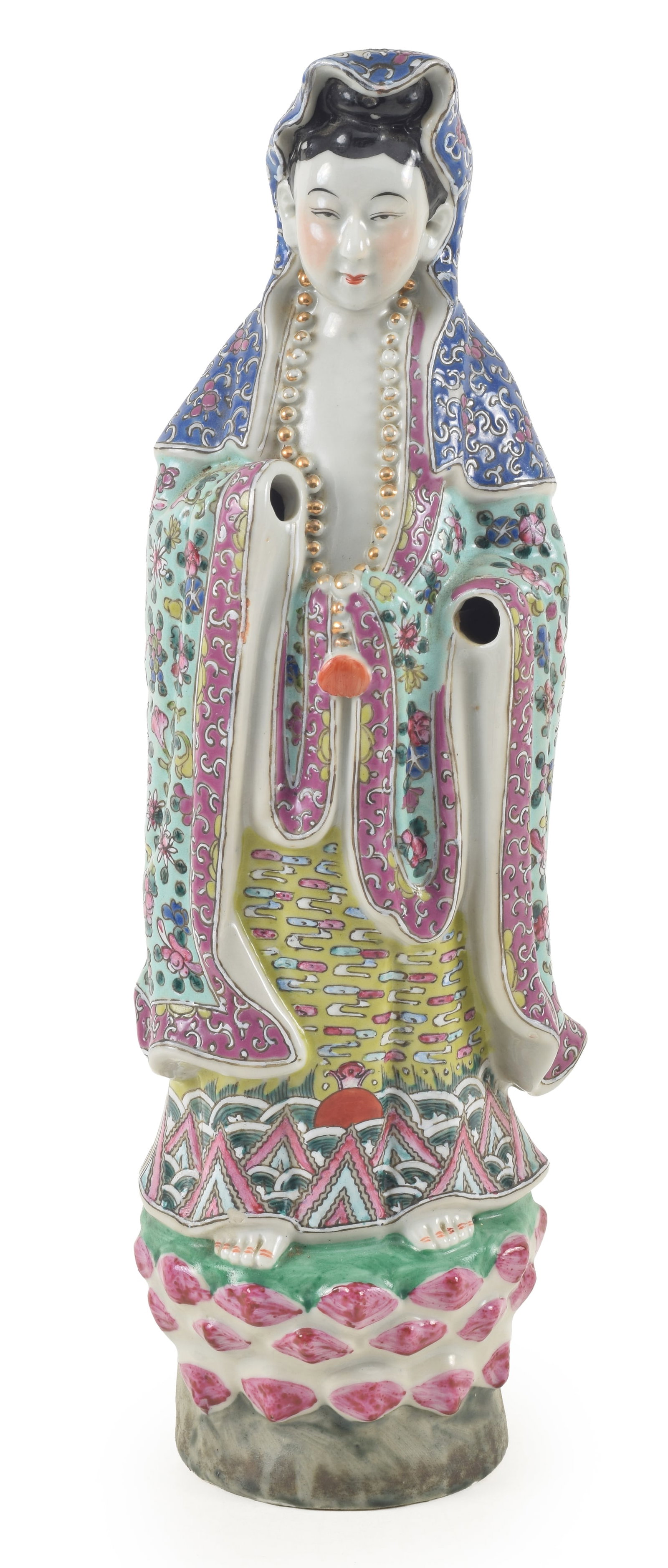 Early 20th century Chinese tall porcelain standing figure of Guanyin. Famille rose decoration.: Early 20th century Chinese tall porcelain standing figure of Guanyin. Famille rose decoration. Missing hands. 16.5in high.