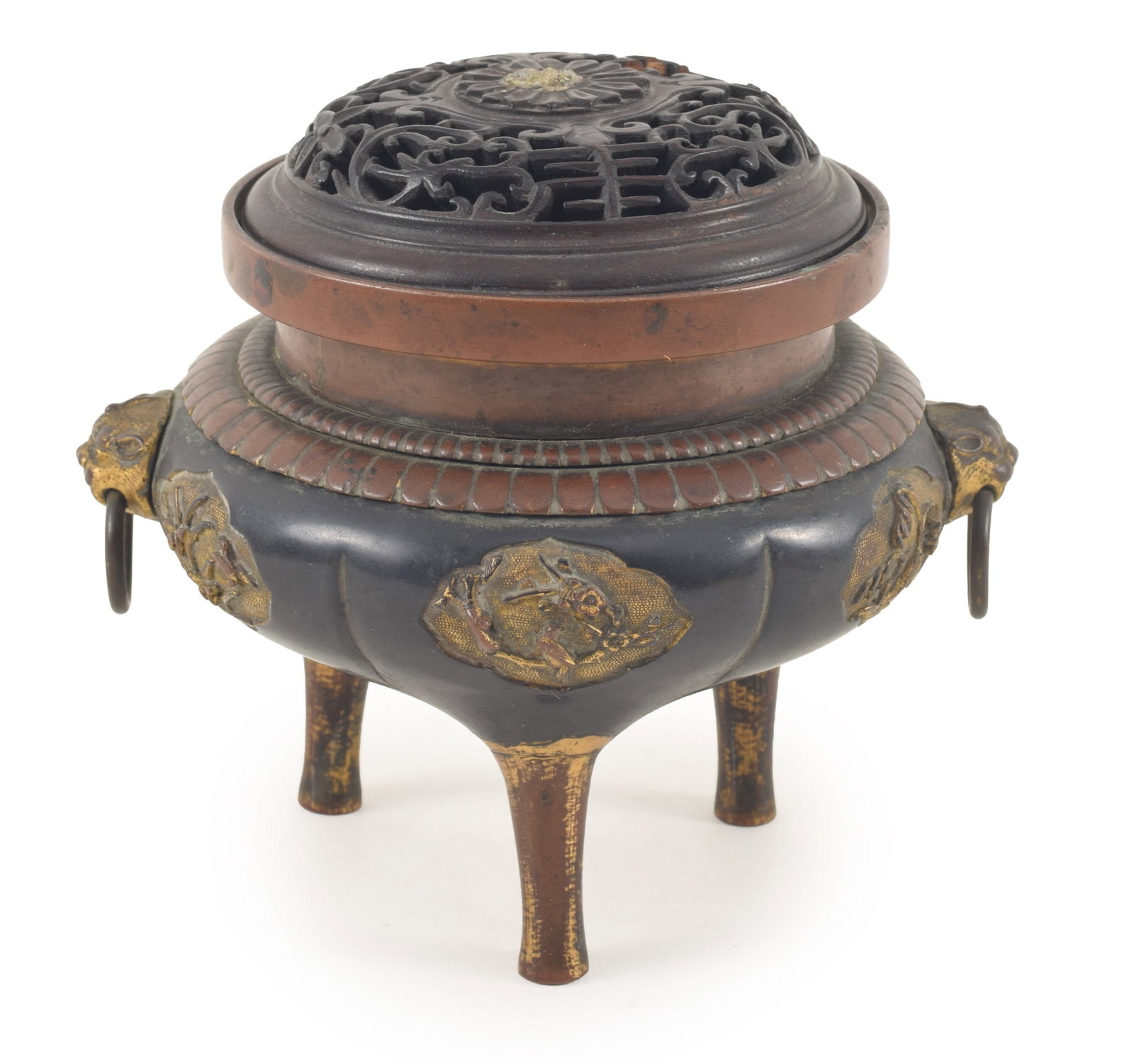 18th century or earlier Chinese Sawasa ware parcel gilt bronze tripod censer. Gilt lion head (1 of 8)