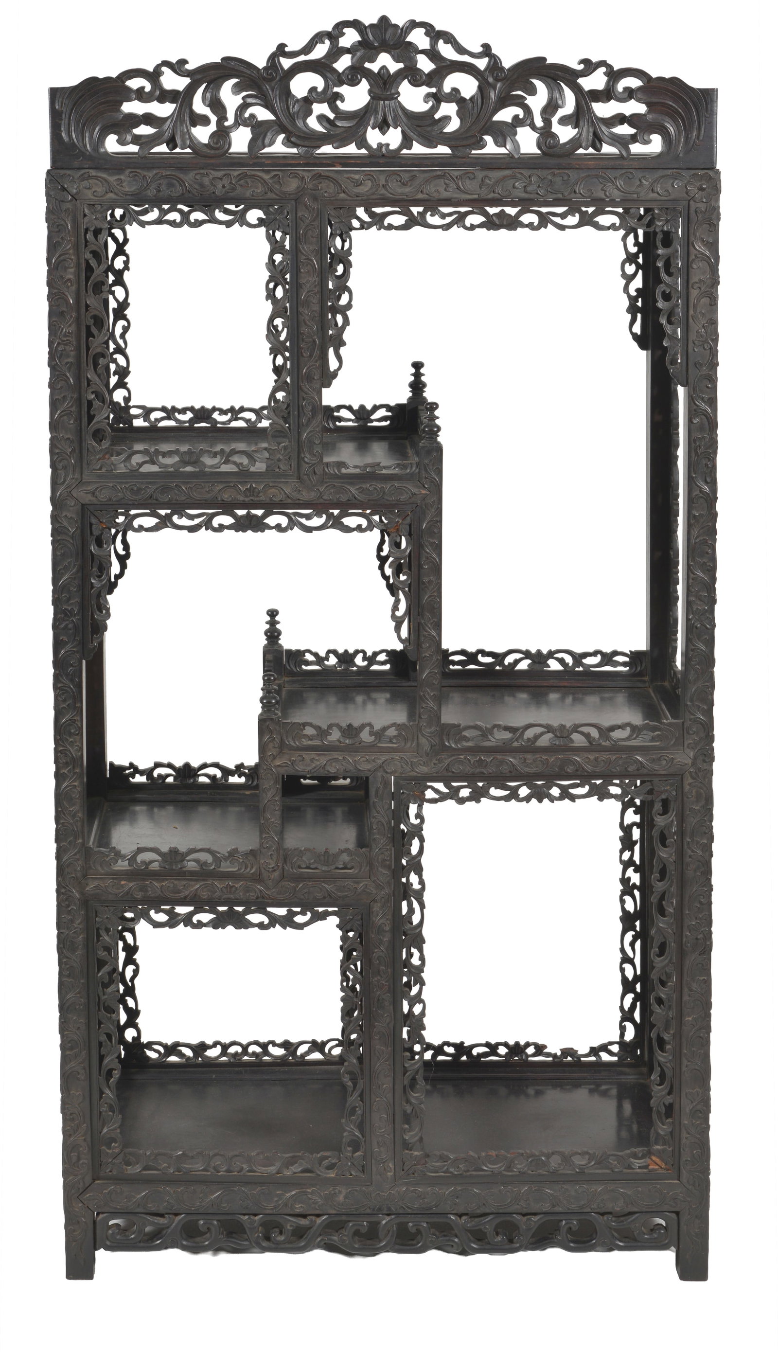 19th century Chinese export carved rosewood etagere with elaborate floral carved galleries and (1 of 12)