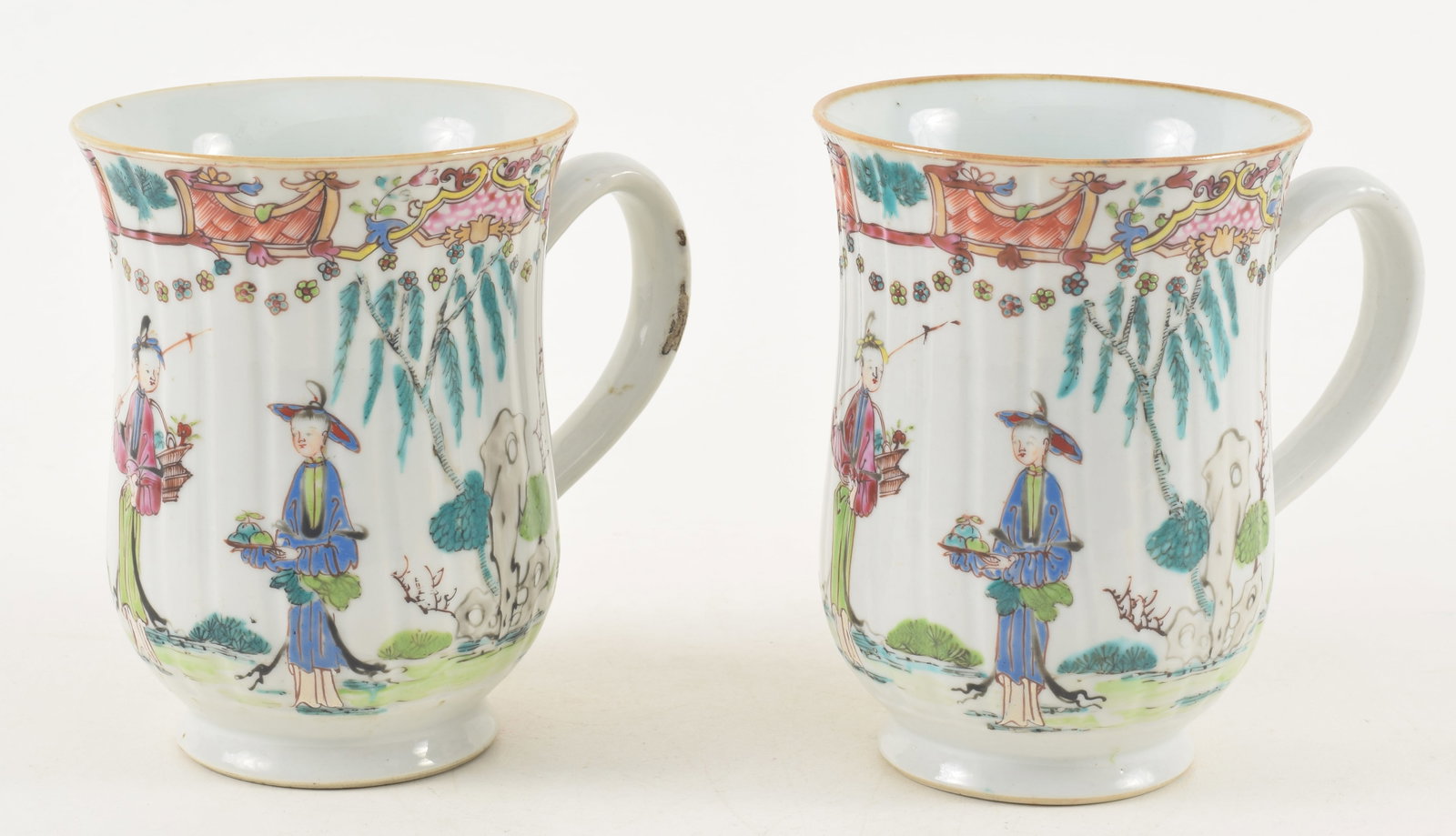 Pair of large 18th century Chinese export porcelain handled mugs. Figural landscape decoration. 6in (1 of 10)