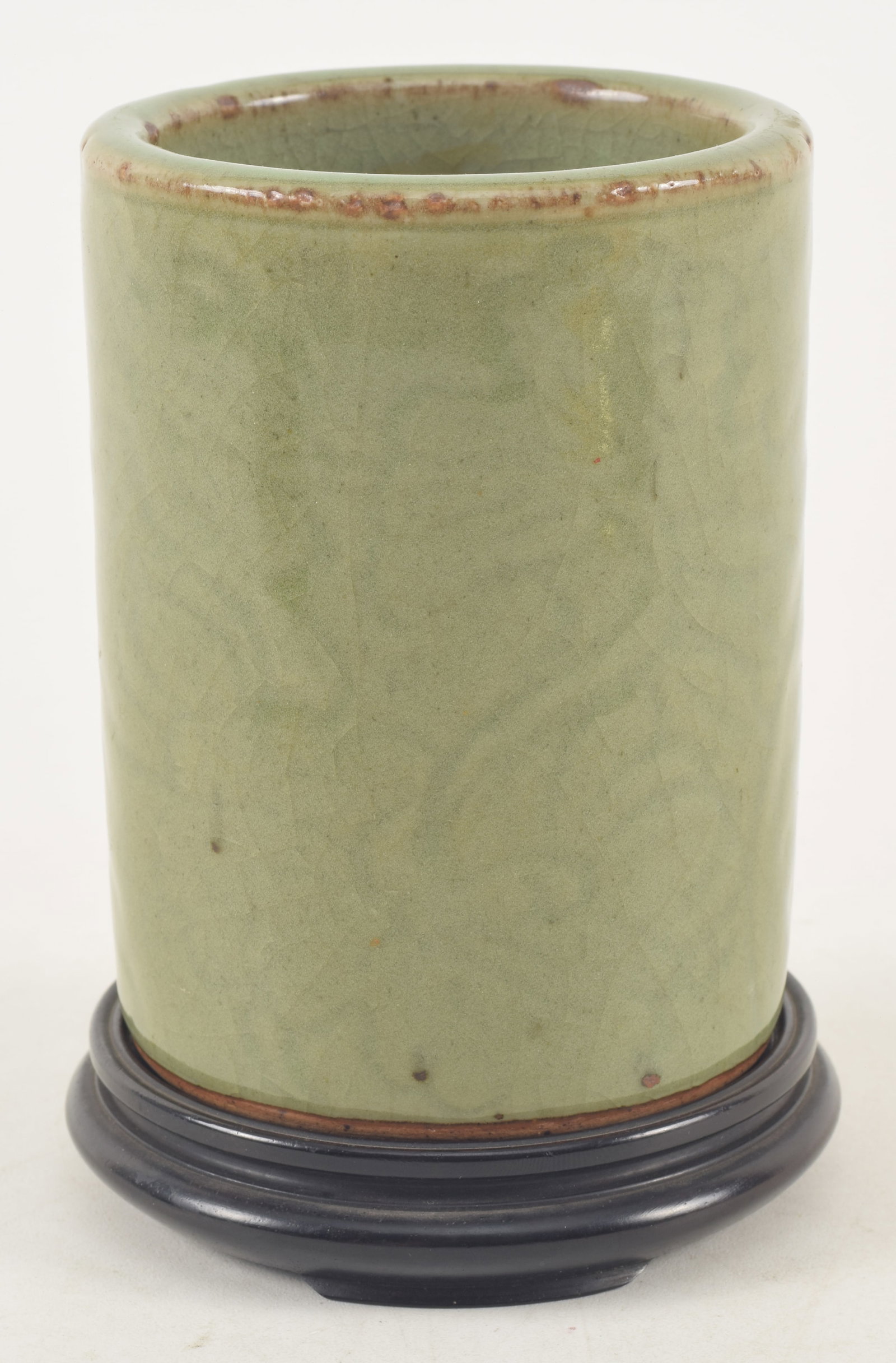 Celadon brush pot. China. 19th century. Fitted wood stand. 4.75in. (1 of 5)