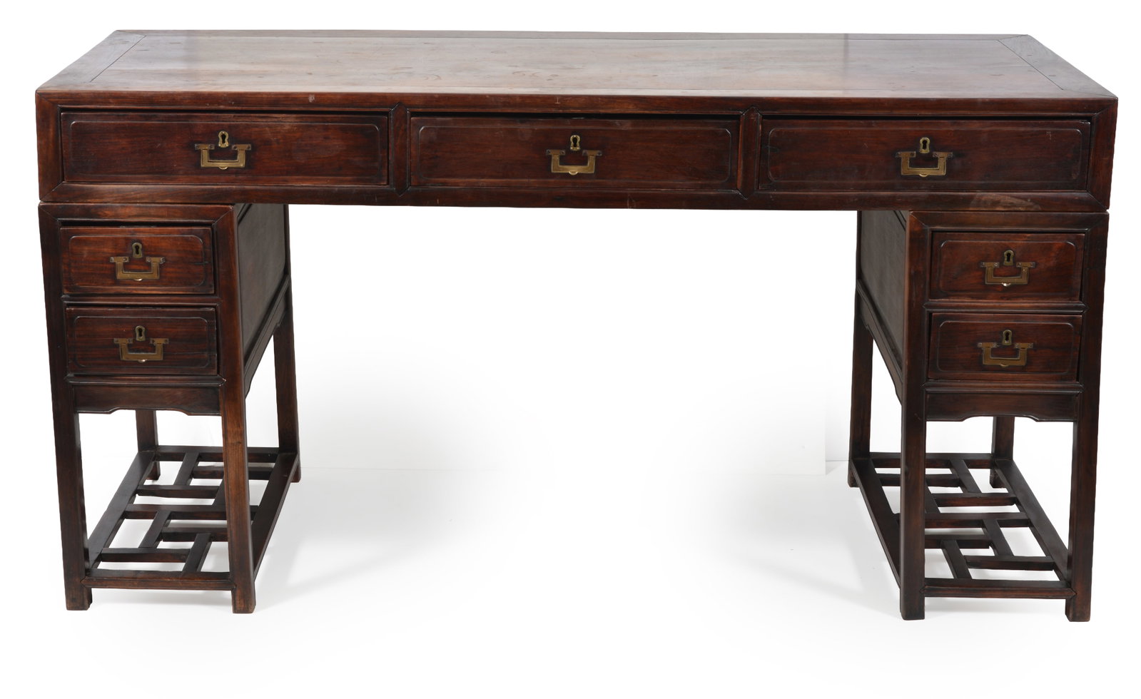 Early 19th Century Chinese rosewood pedestal desk with three long drawers above to banks of two (1 of 7)