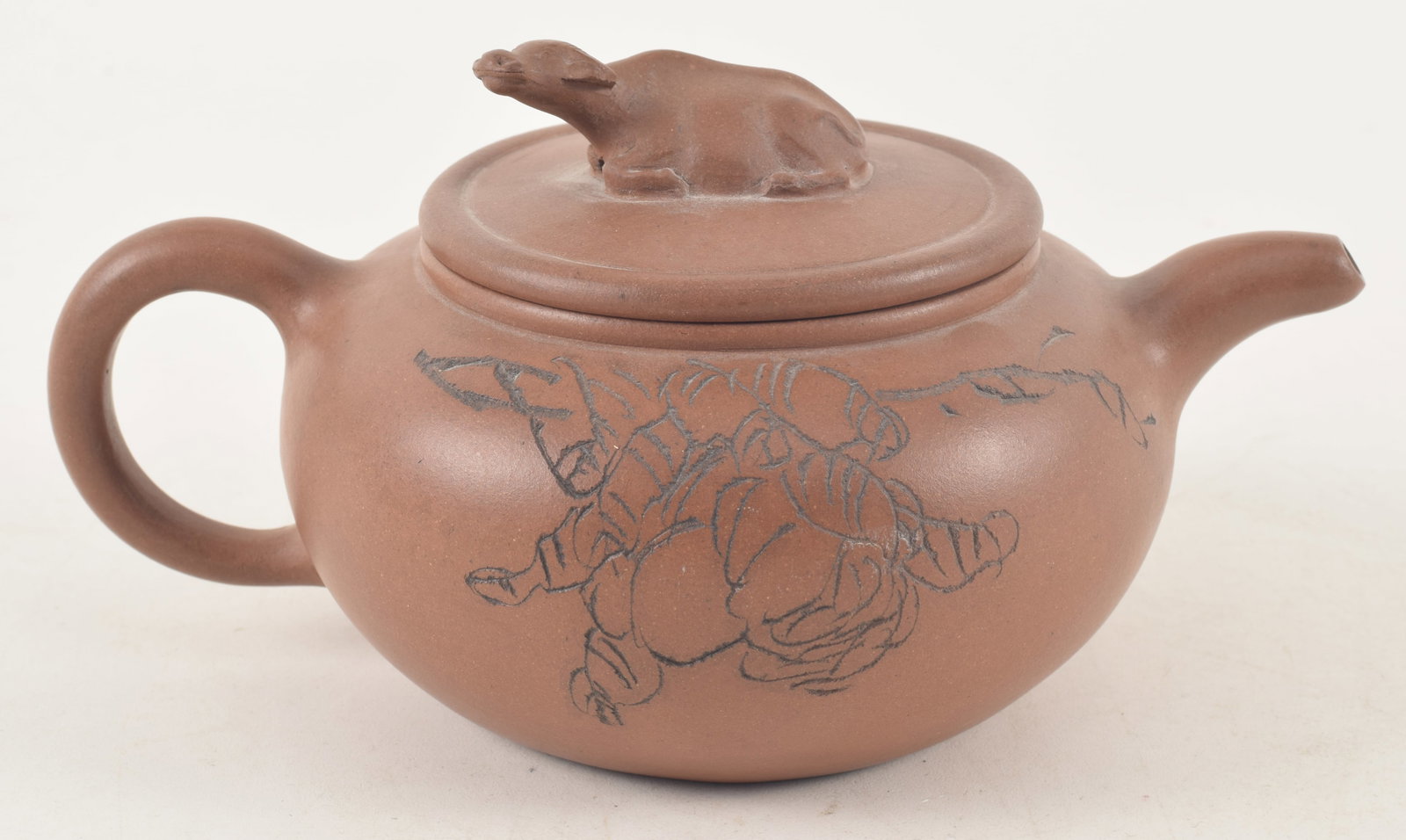 Chinese yixing teapot. Early 20th century. Incised decoration and inscription on body. Water buffalo (1 of 8)