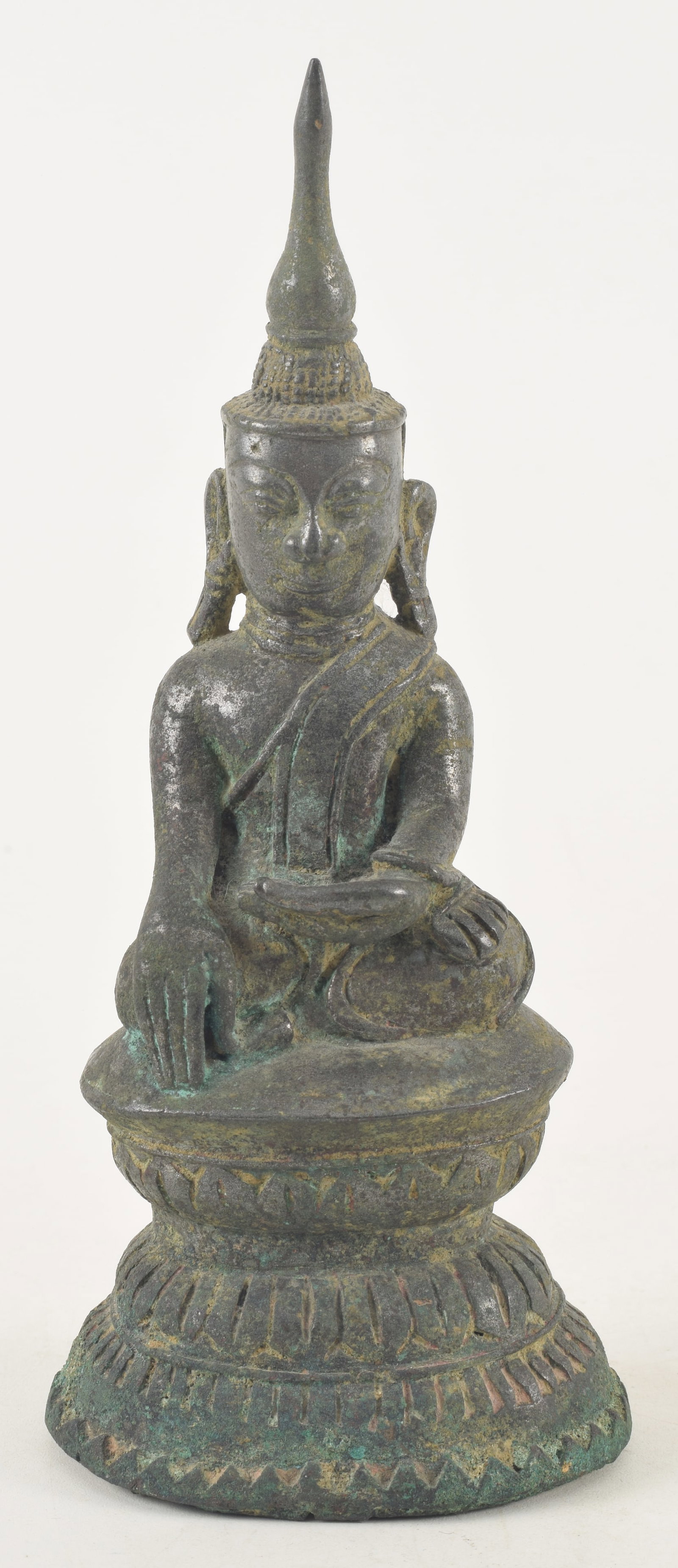 17th century Burmese bronze seated buddha. Subduing mara position. Includes original bill of sale,: 17th century Burmese bronze seated buddha. Subduing mara position. Includes original bill of sale, dated 1991. 8.25in high.