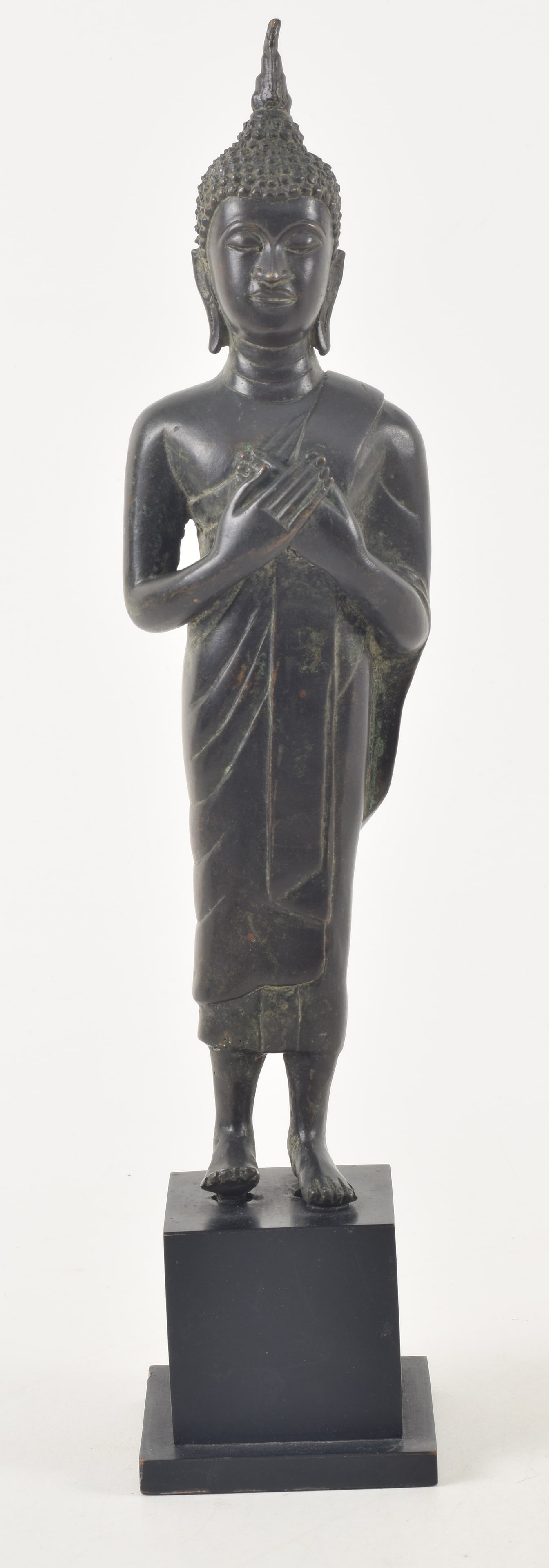 19th century or earlier Thai standing bronze buddha. On museum stand. Figure: 12.5in high. Overall: (1 of 7)