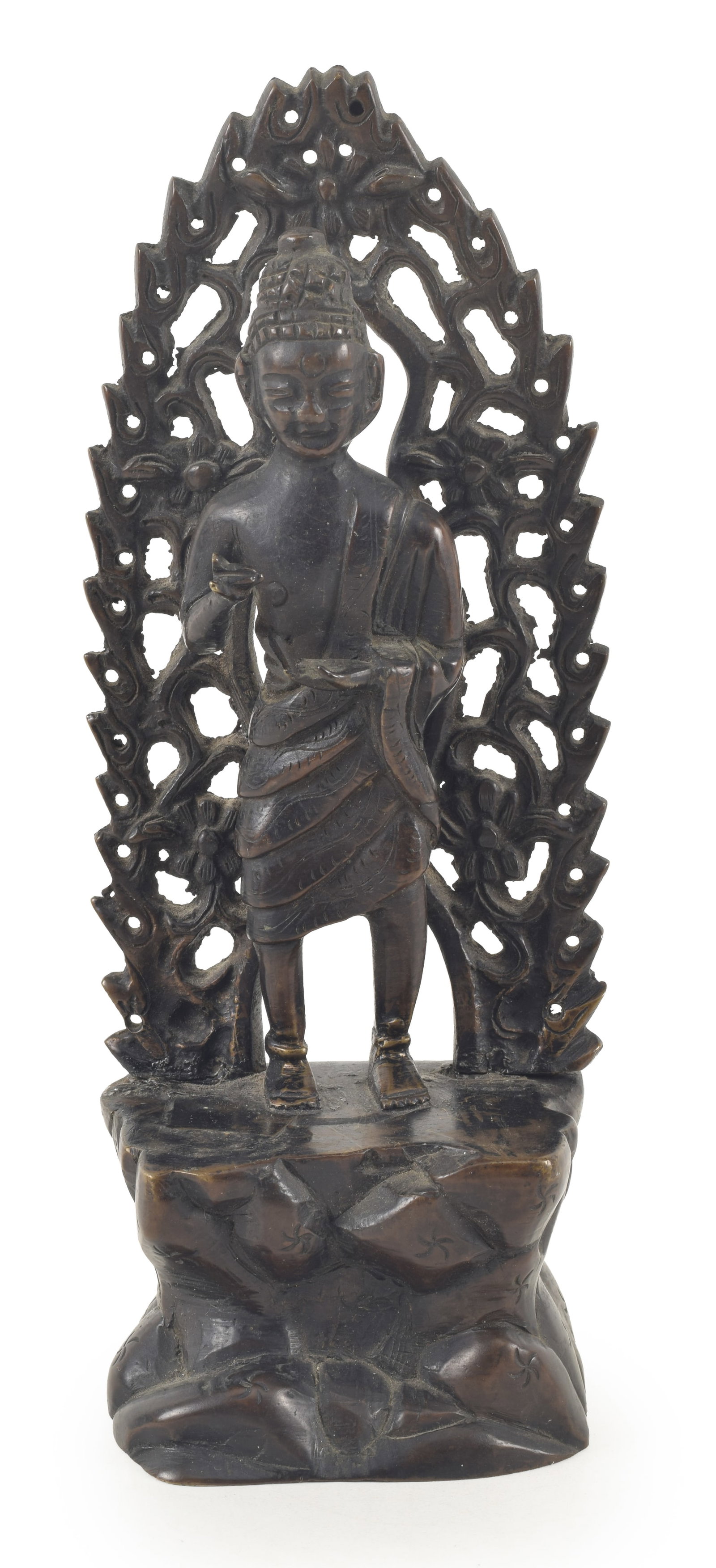 19th century Southeast Asian bronze standing buddha figure with flamed halo. 8.25in high. (1 of 8)