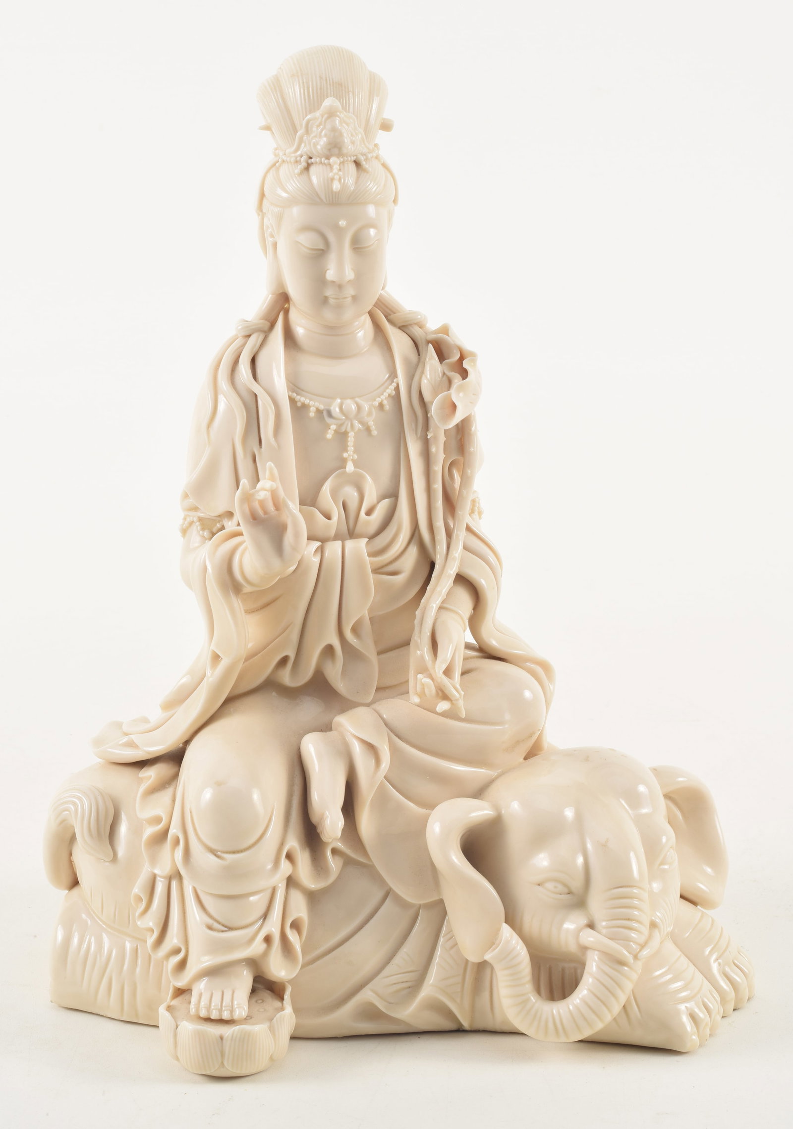 20th century Chinese blanc de chine figure of Guanyin sitting on an elephant. Marked on backside. (1 of 8)