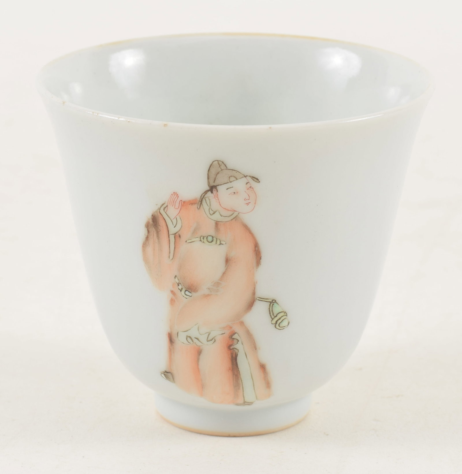 Small Chinese porcelain cup. Figural decoration. Inscription and red seal. Marked on base. 2in high. (1 of 5)