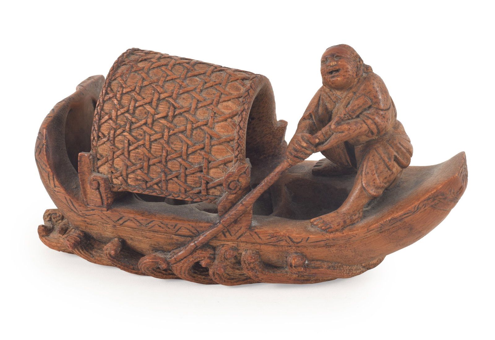 Early 20th century carved bamboo boat and figure. 5.5in length. (1 of 5)
