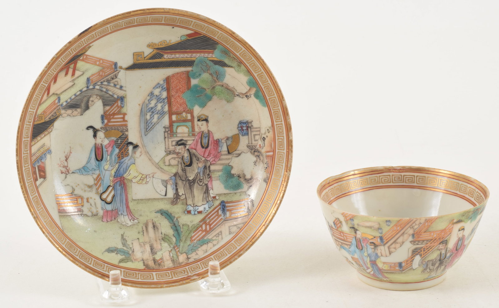 18th century unusual Chinese porcelain cup and saucer. Finely decorated court scenes with figures. (1 of 10)