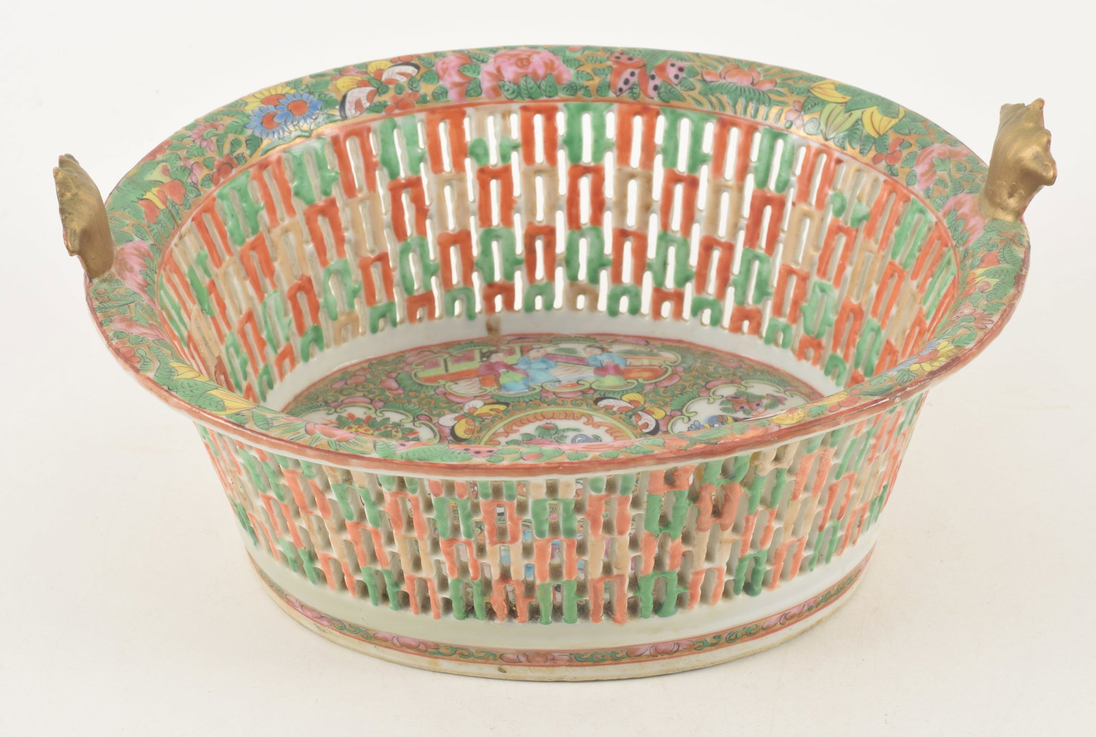 Reticulated porcelain chestnut basket. China. Ca. 1870. Rose medallion palette. Handles repaired.: Reticulated porcelain chestnut basket. China. Ca. 1870. Rose medallion palette. Handles repaired.