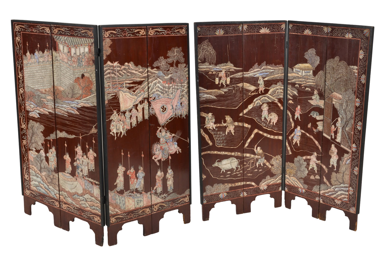 Chinese lacquer 4 part screen with decorations of Warriors with fortress opposite farmers and (1 of 9)