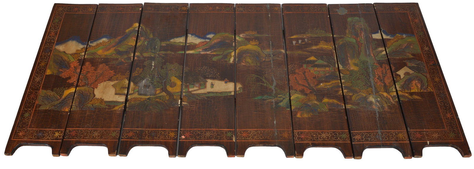 19th century Chinese carved lacquered table screen. 8-panel with figural and scenic landscapes. Some: 19th century Chinese carved lacquered table screen. 8-panel with figural and scenic landscapes. Some losses. 19in high.