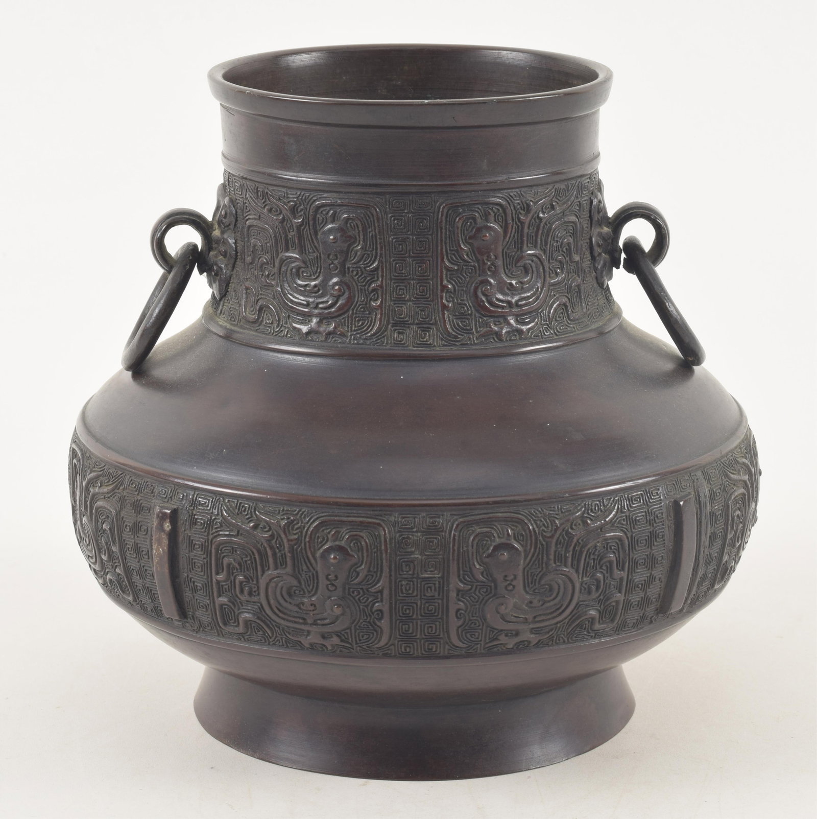 Archaic style Chinese bronze vase. Bands of animal and archaic scrolling decoration. Jump ring (1 of 6)