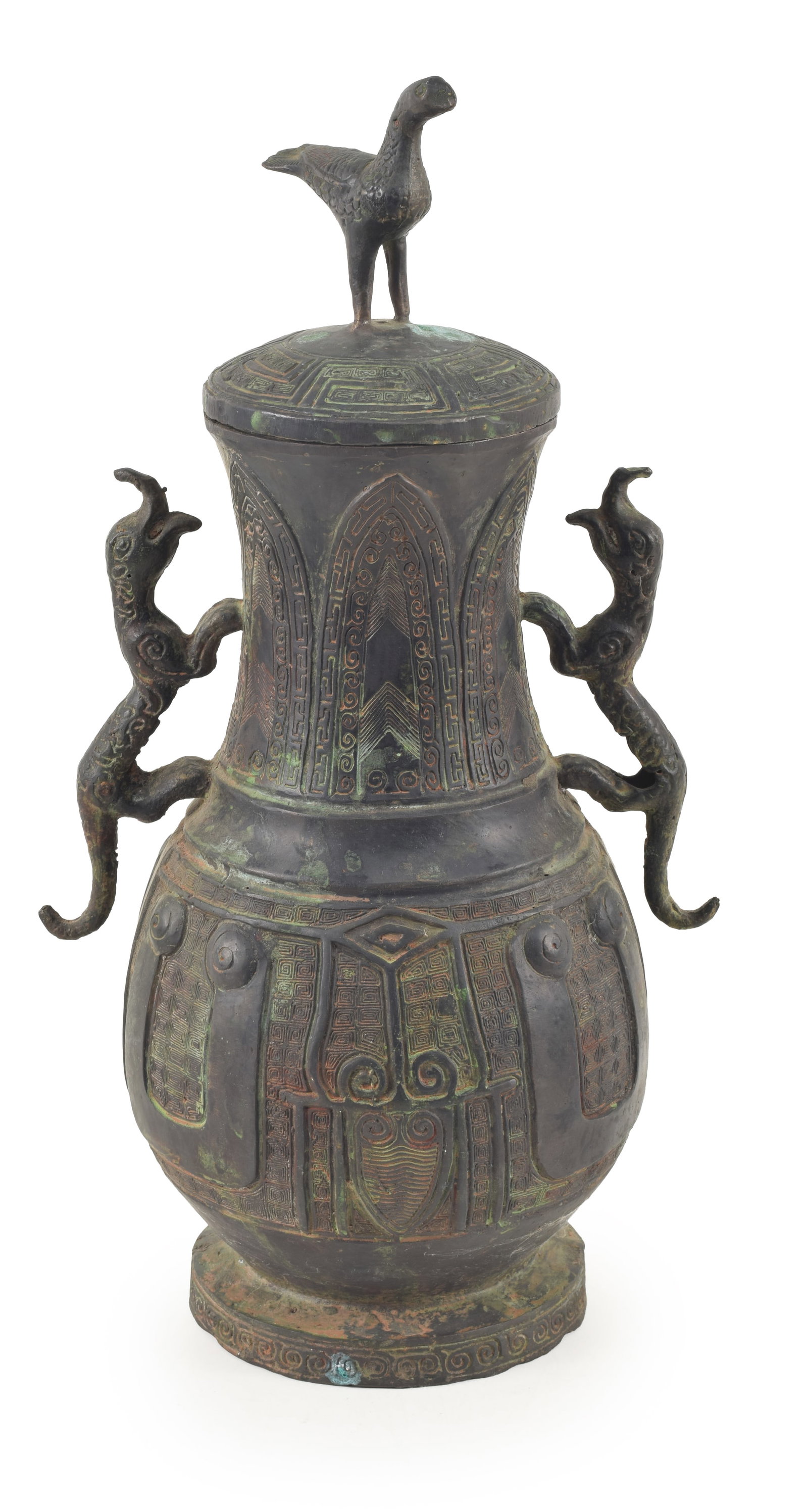 Archaic style Chinese bronze covered vase, early 20th century. Beast form handles, bird finial. (1 of 9)