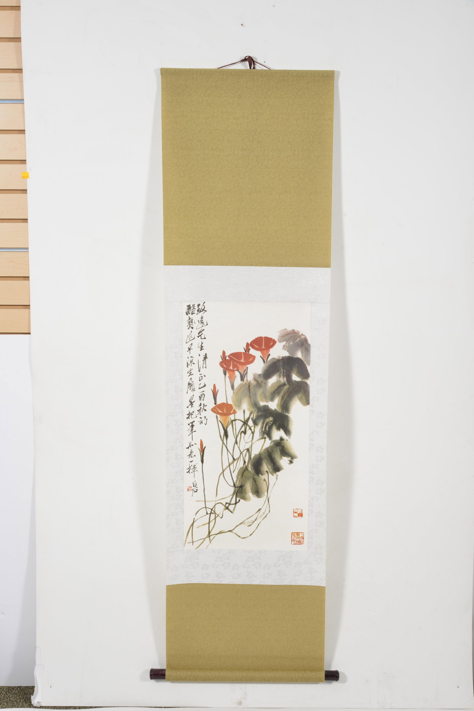 2 Chinese scroll paintings, One after Qi Baishi, flowers and caligraphy 28 x 13 1/2in and a tourist: 2 Chinese scroll paintings, One after Qi Baishi, flowers and caligraphy 28 x 13 1/2in and a tourist image of an egrat.