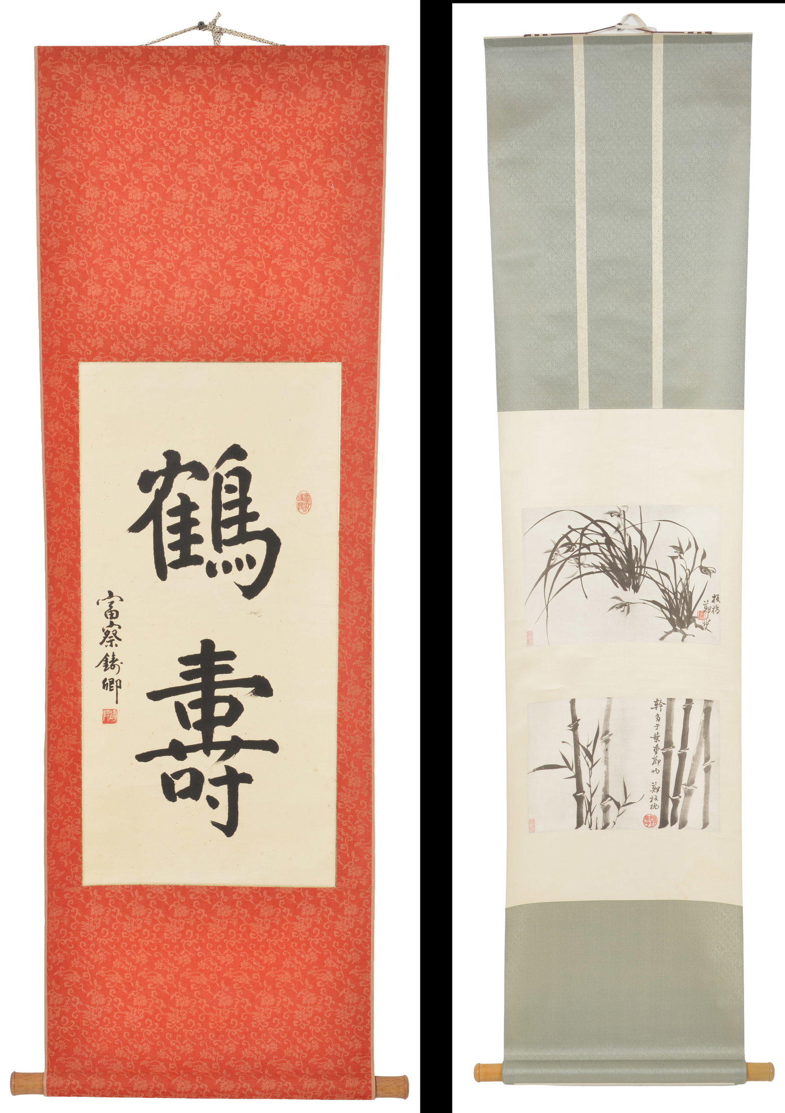 2 Chinese scroll paintings. One 20th Century reproduction Zheng Xie, 2 images each 8 3/4 x 12 3/4 in (1 of 7)