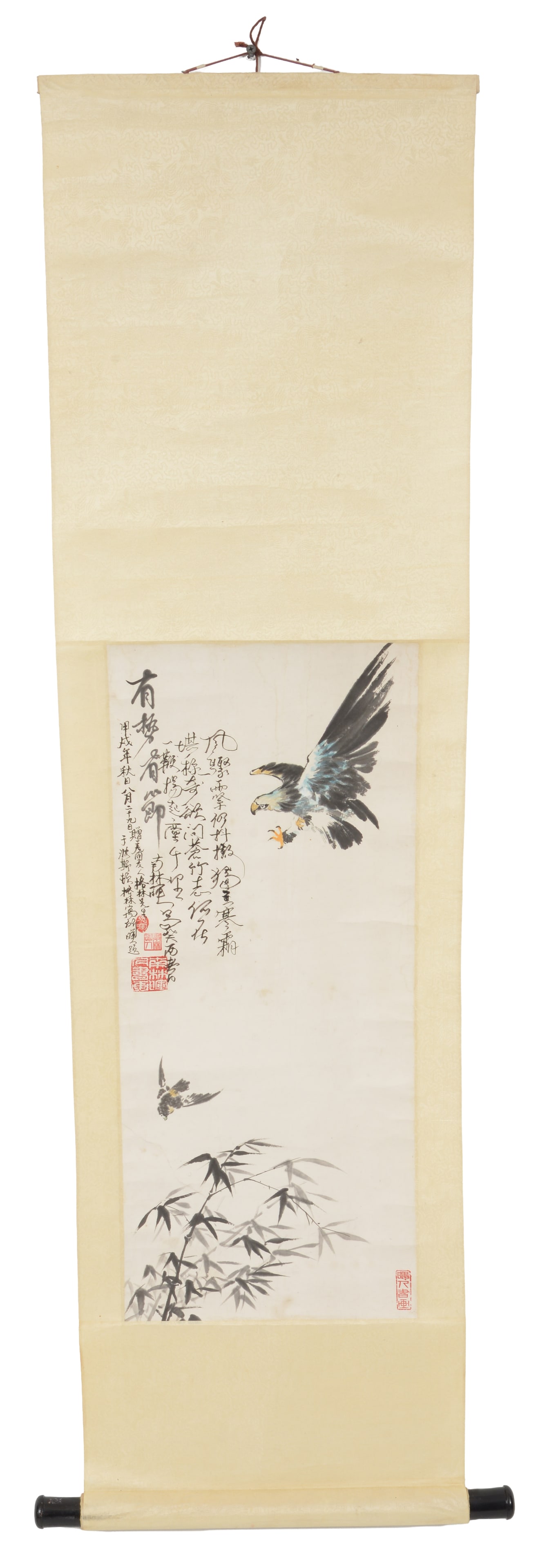 Chinese scroll painting. 20th century. Eagle in a landscape with lengthy inscription. Ink and colors (1 of 4)