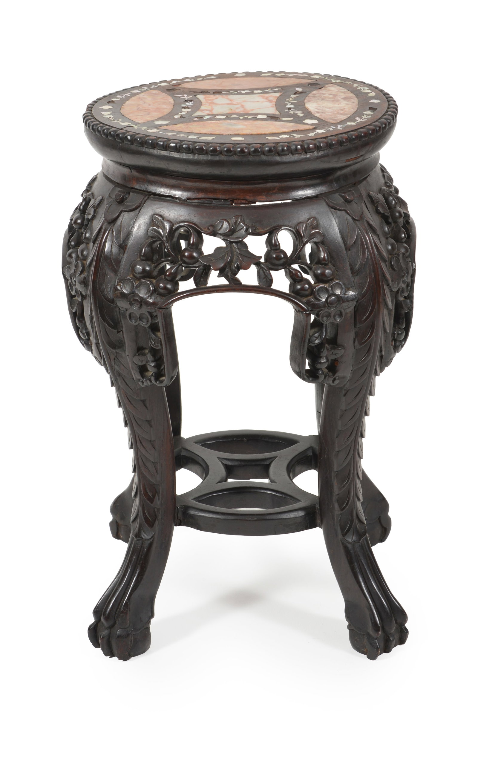 Early 20th Century Chinese carved and mother of pearl inlaid marble top stand. Height 19 in, top (1 of 5)