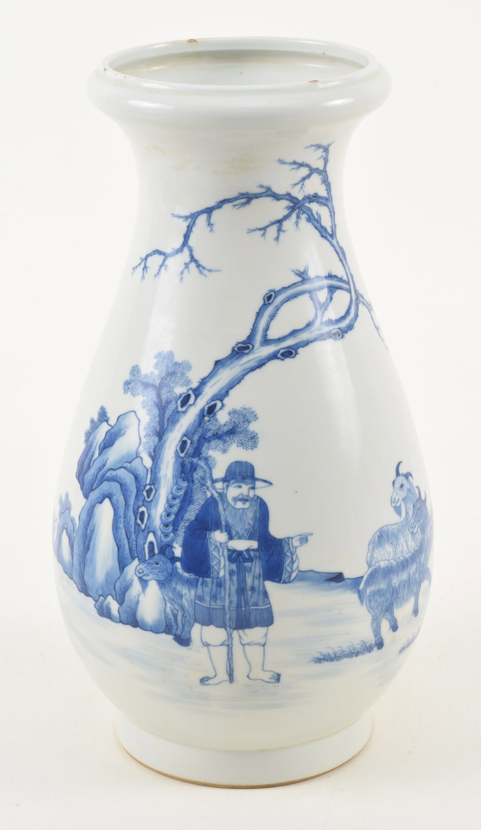 20th century Chinese underglaze blue landscape and figure decoration. 13in high. (1 of 7)