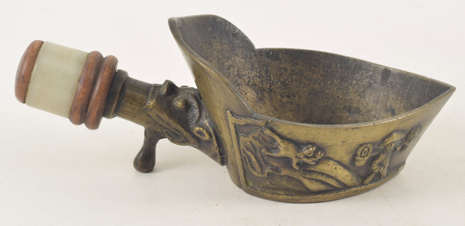 Chinese bronze handled cup with relief decoration and white jade ring on wooden handle. 20th (1 of 7)