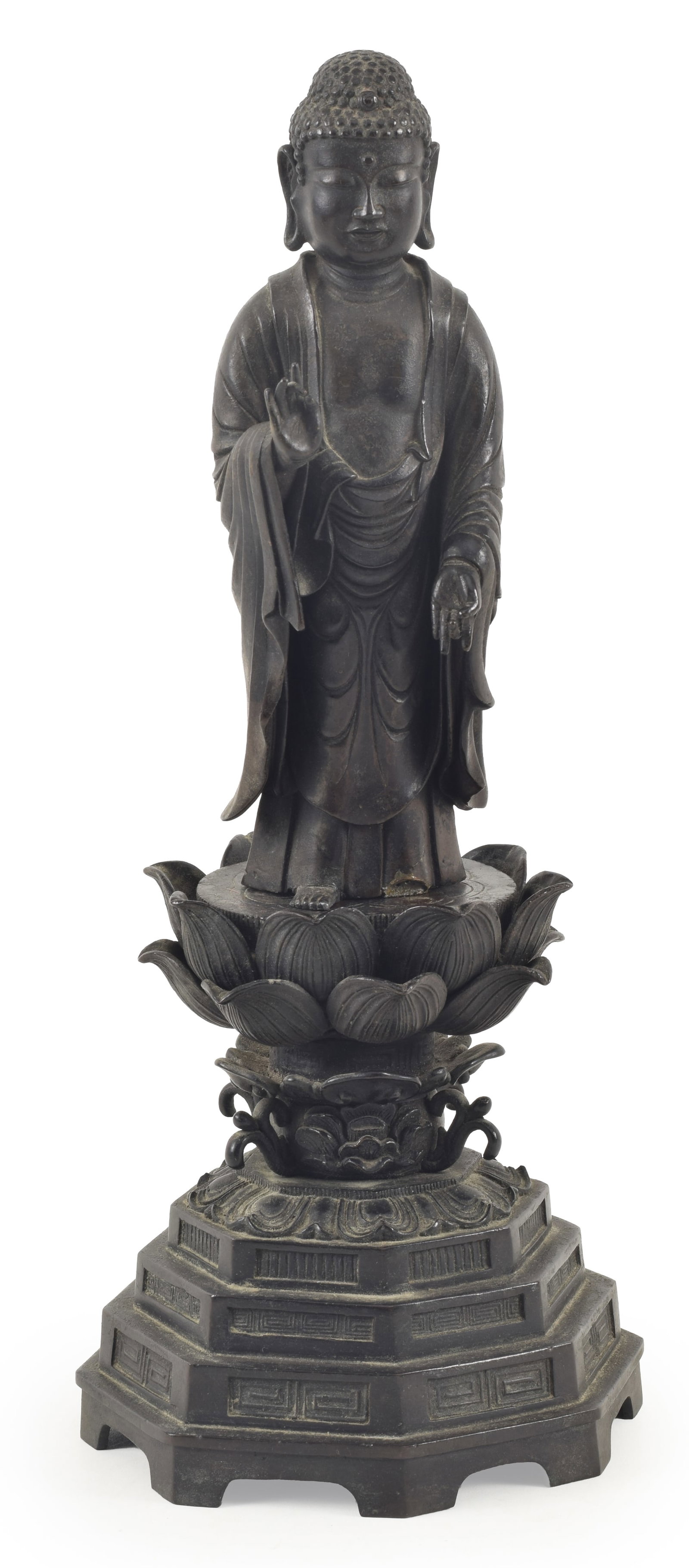 19th century or earlier Chinese bronze standing buddha on lotus form base. Dark brown patina. (1 of 10)
